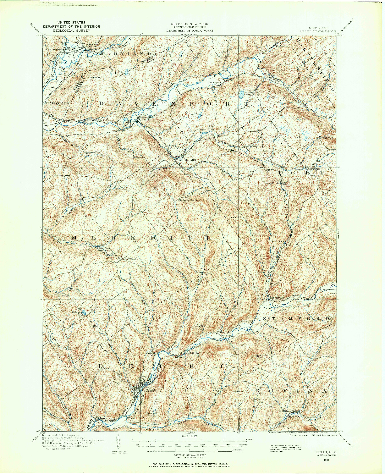 USGS 1:62500-SCALE QUADRANGLE FOR DELHI, NY 1909