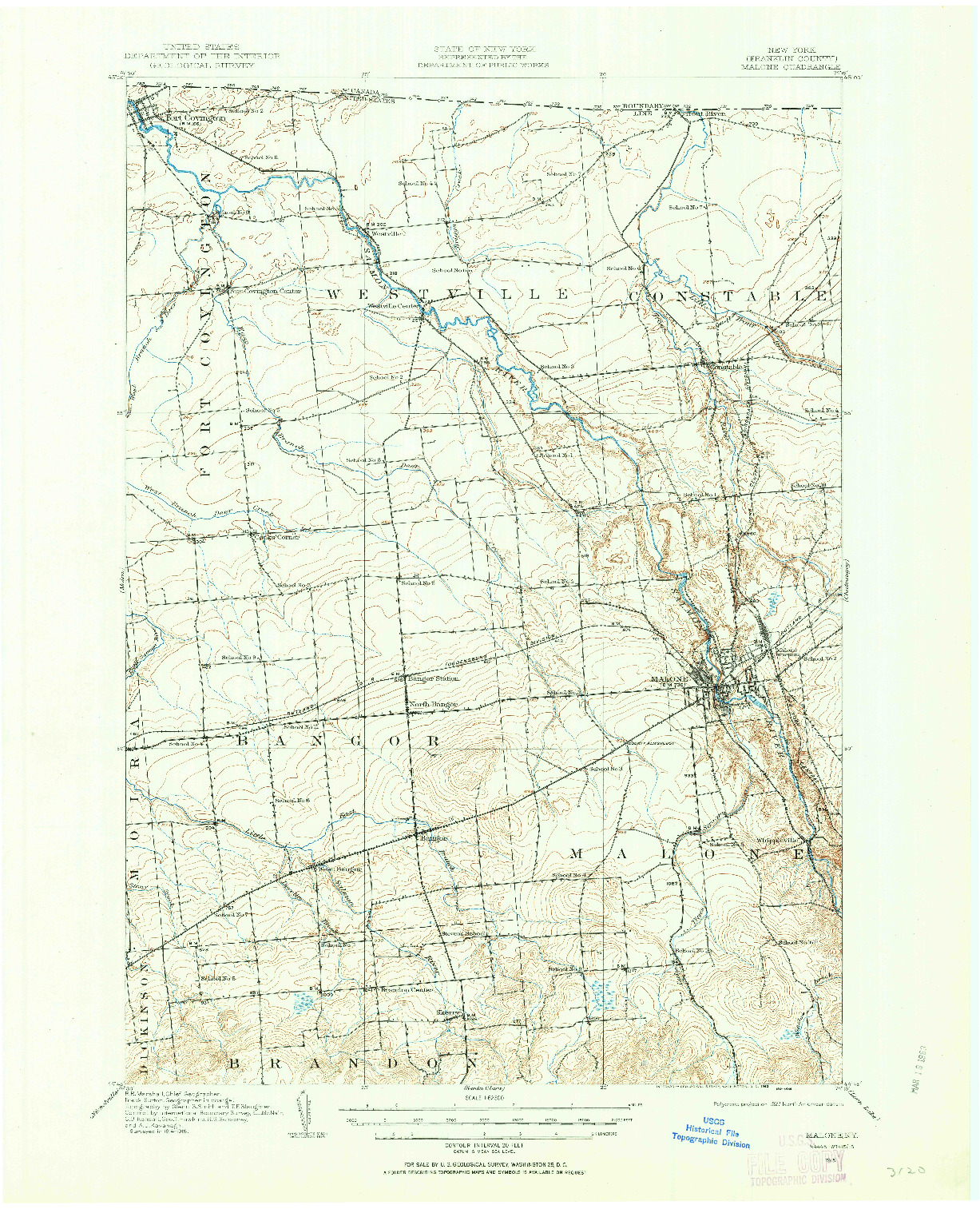 USGS 1:62500-SCALE QUADRANGLE FOR MALONE, NY 1915