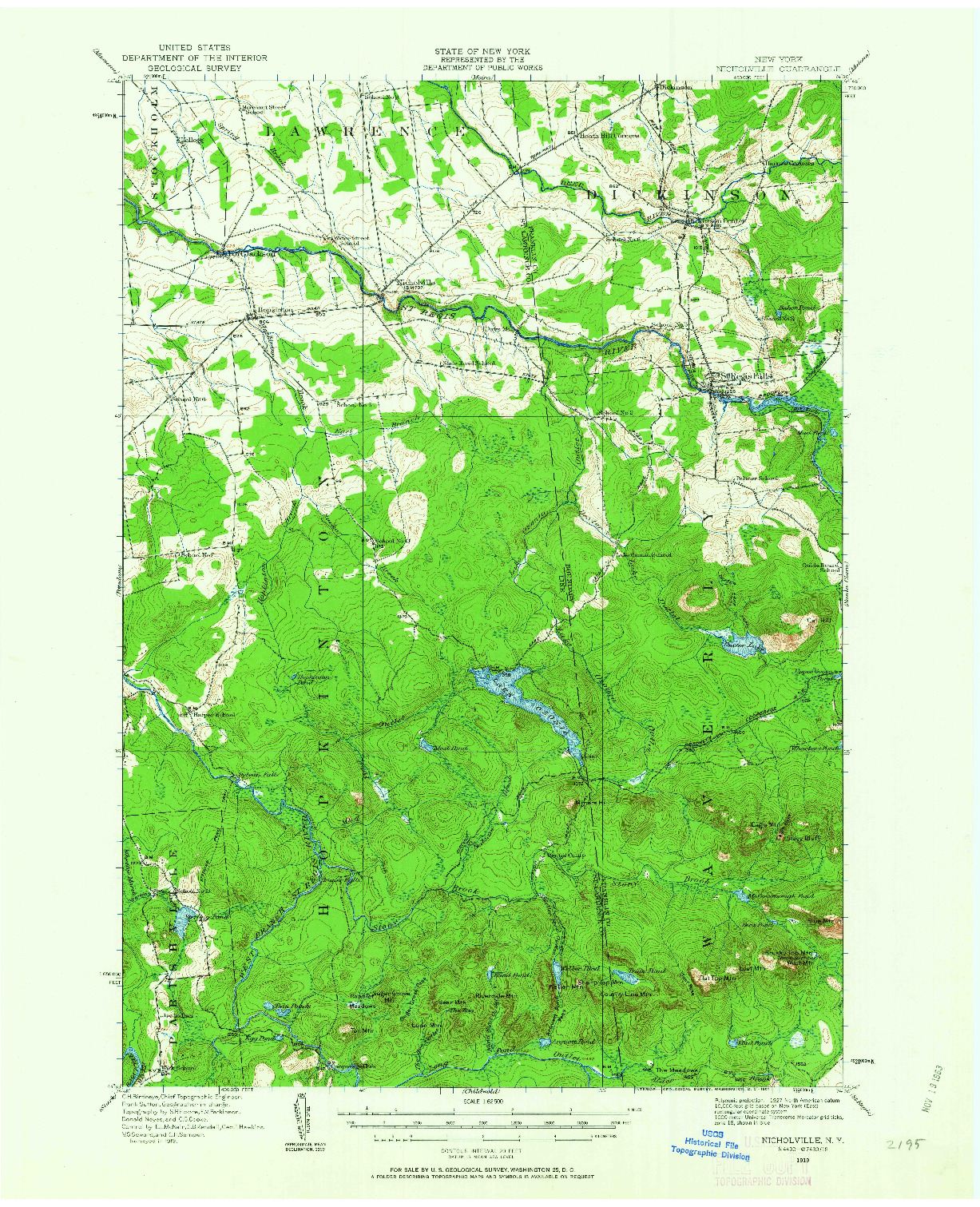 USGS 1:62500-SCALE QUADRANGLE FOR NICHOLVILLE, NY 1919