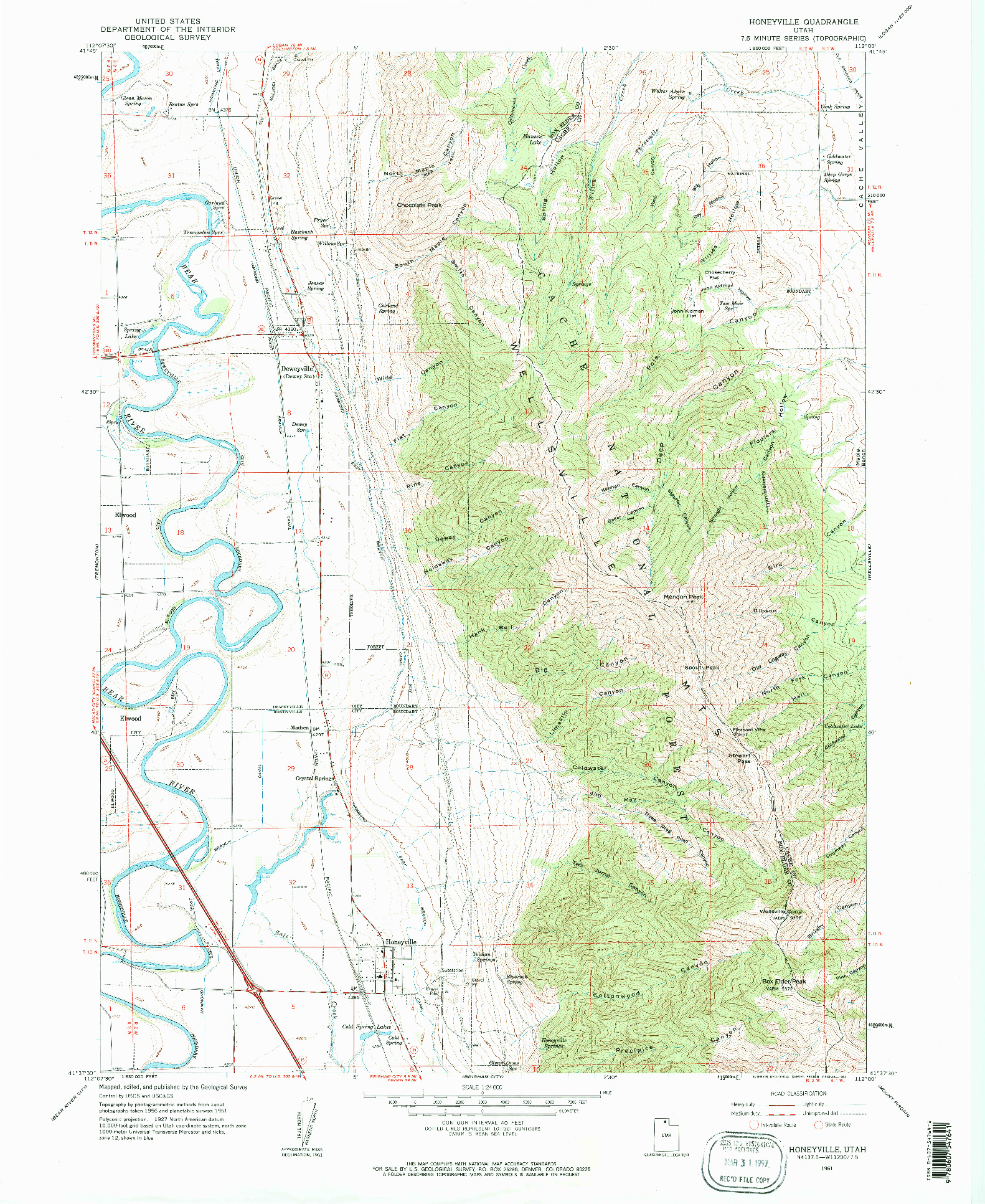 USGS 1:24000-SCALE QUADRANGLE FOR HONEYVILLE, UT 1961