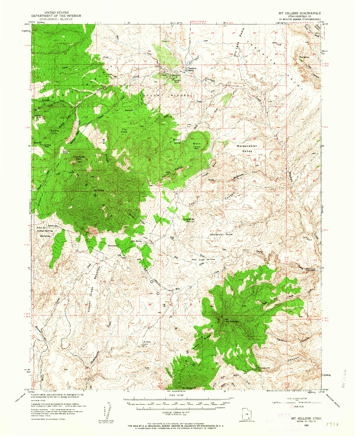 USGS 1:62500-SCALE QUADRANGLE FOR MT HILLERS, UT 1952