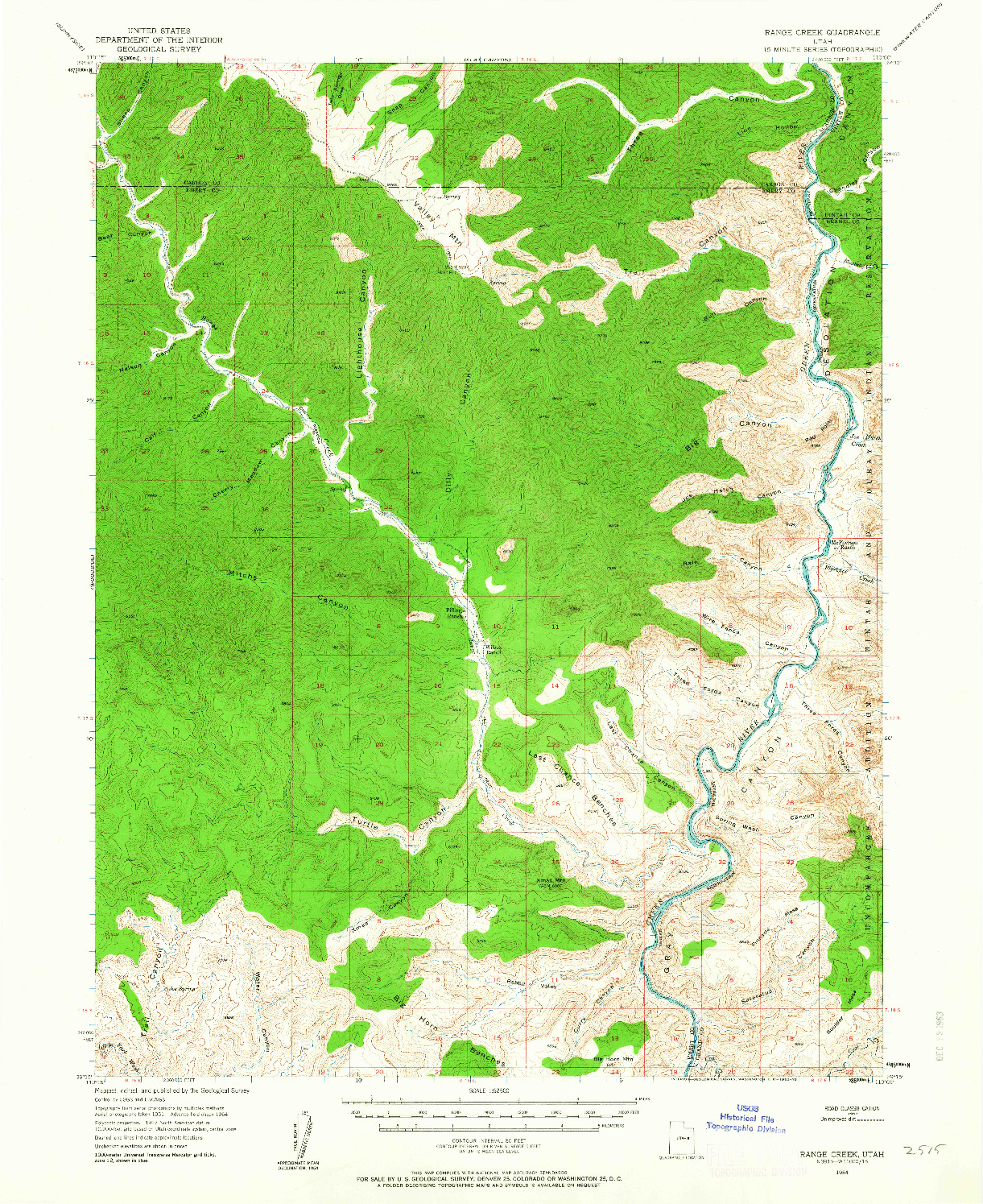 USGS 1:62500-SCALE QUADRANGLE FOR RANGE CREEK, UT 1954