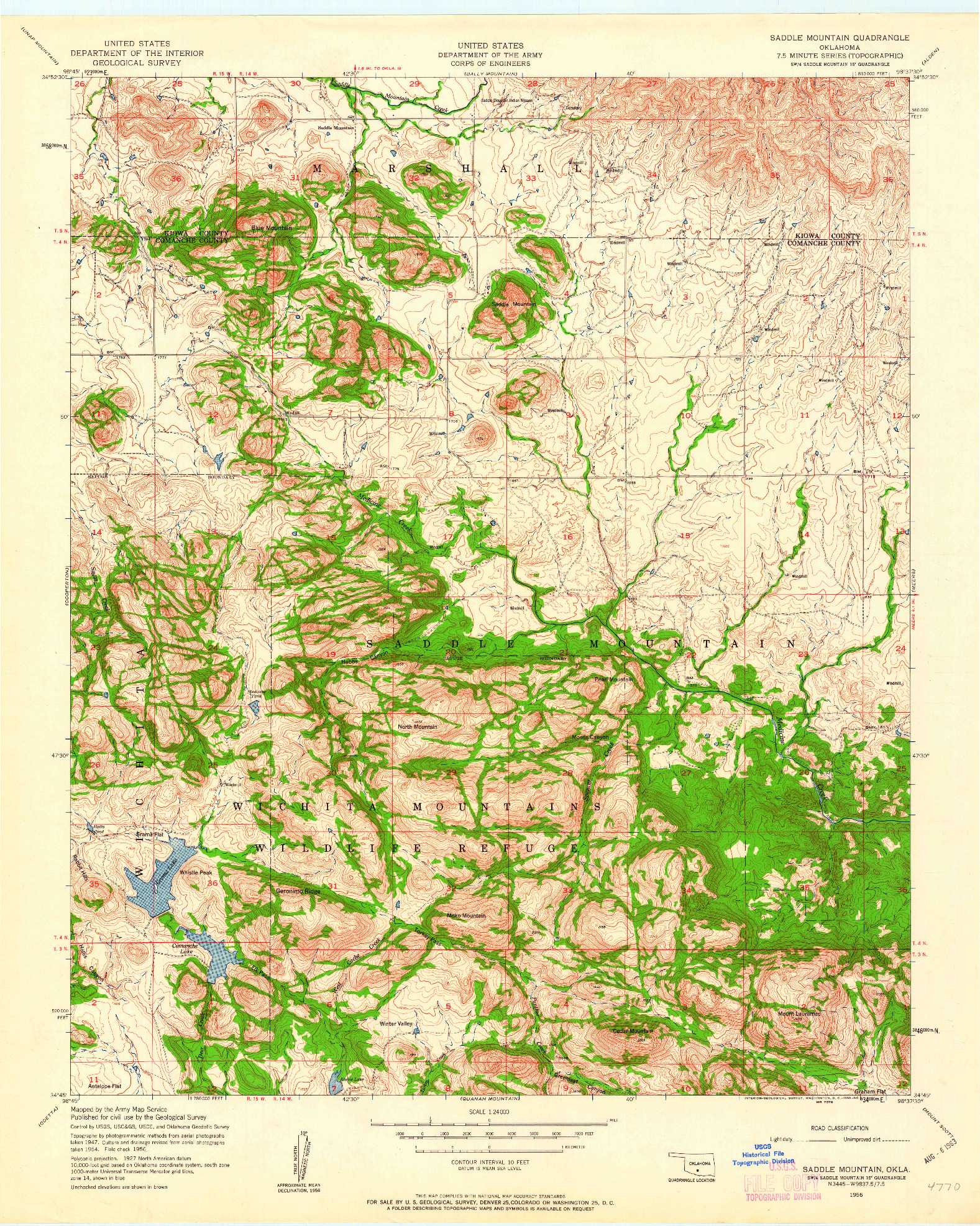 USGS 1:24000-SCALE QUADRANGLE FOR SADDLE MOUNTAIN, OK 1956