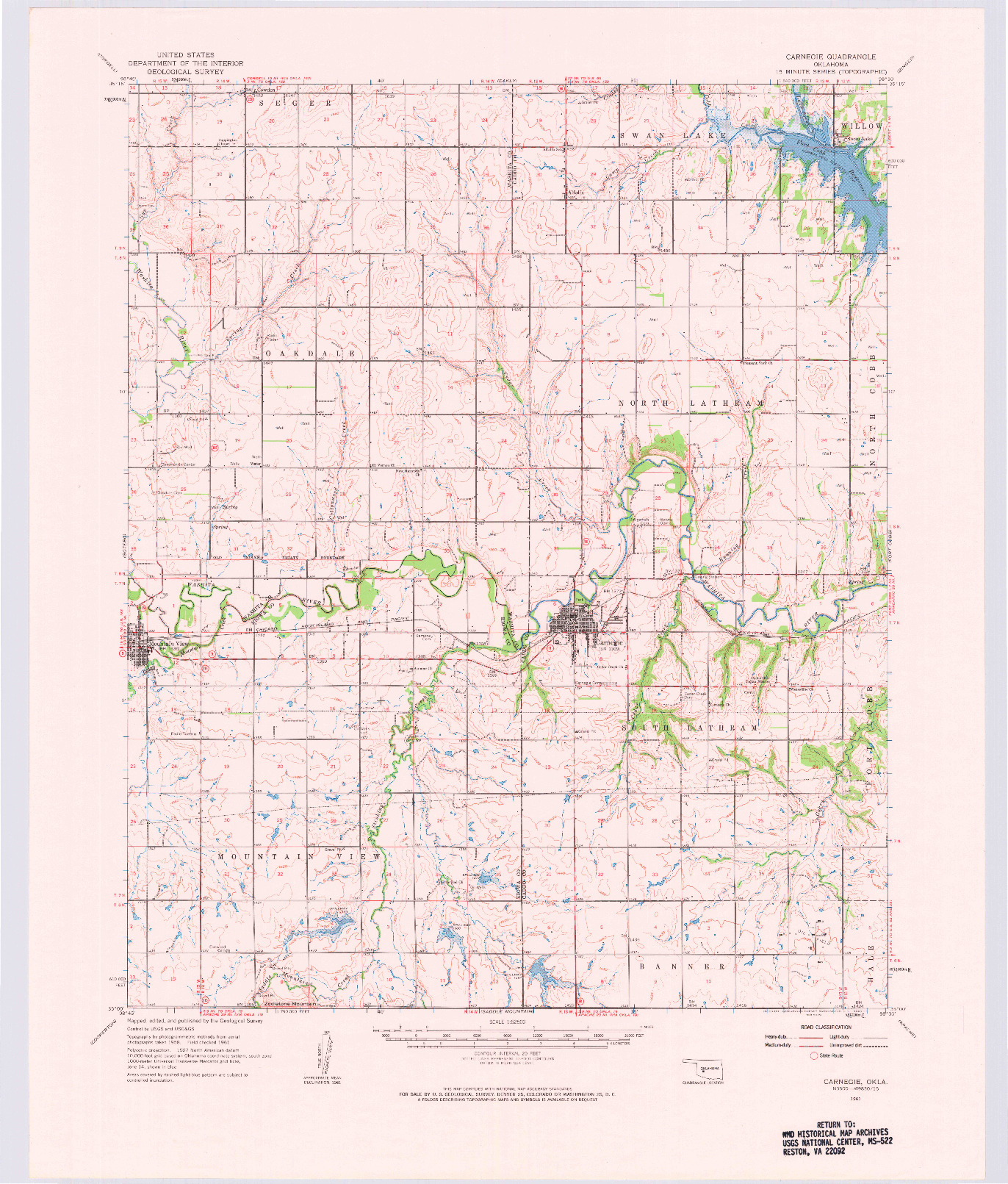 USGS 1:62500-SCALE QUADRANGLE FOR CARNEGIE, OK 1961