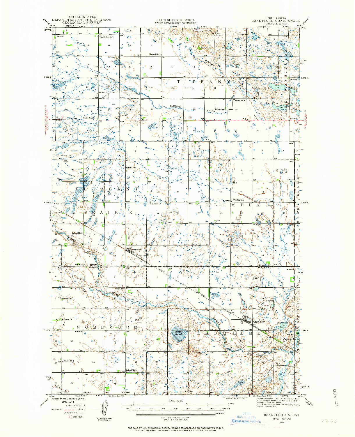 USGS 1:62500-SCALE QUADRANGLE FOR BRANTFORD, ND 1944