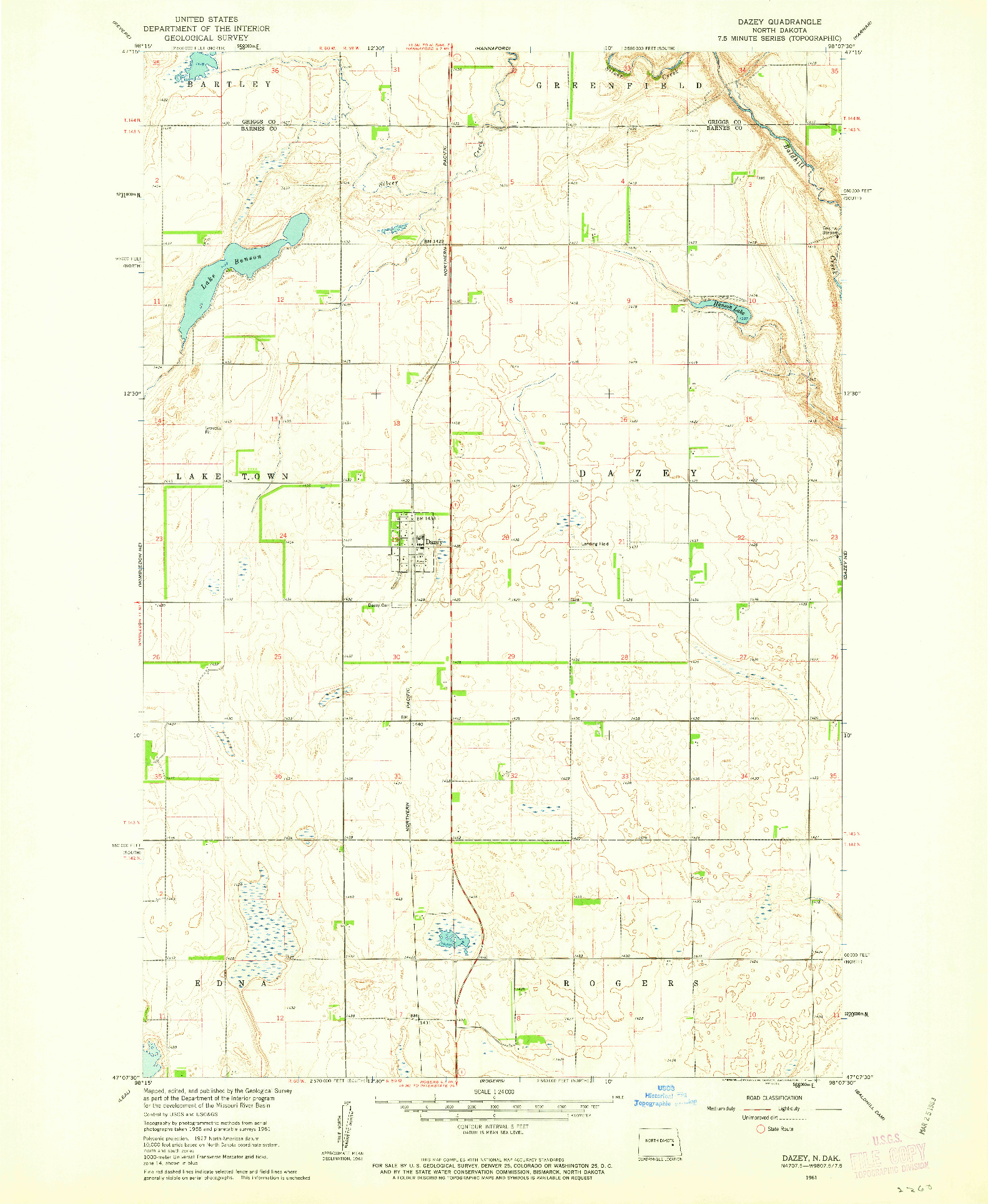 USGS 1:24000-SCALE QUADRANGLE FOR DAZEY, ND 1961