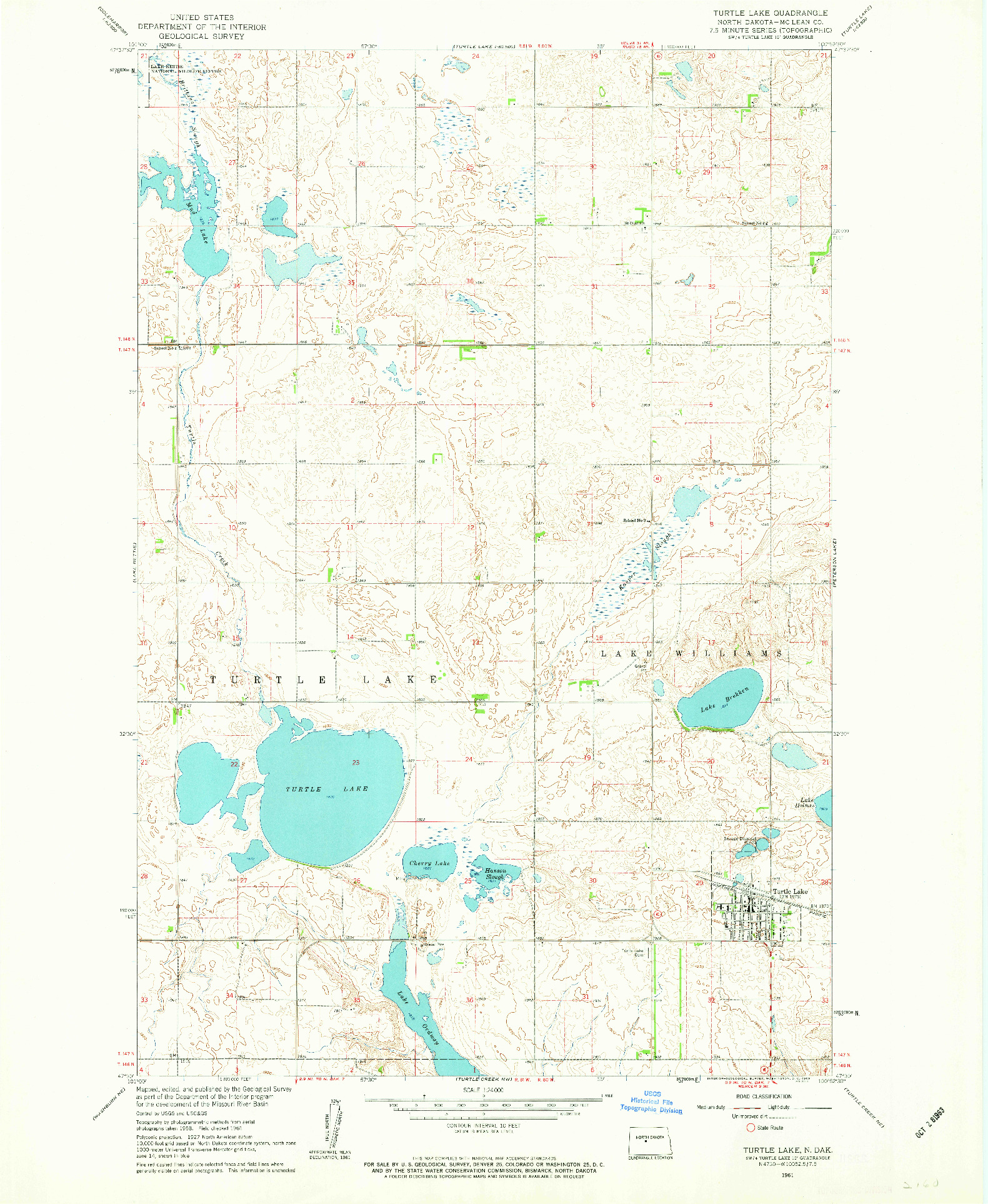USGS 1:24000-SCALE QUADRANGLE FOR TURTLE LAKE, ND 1961