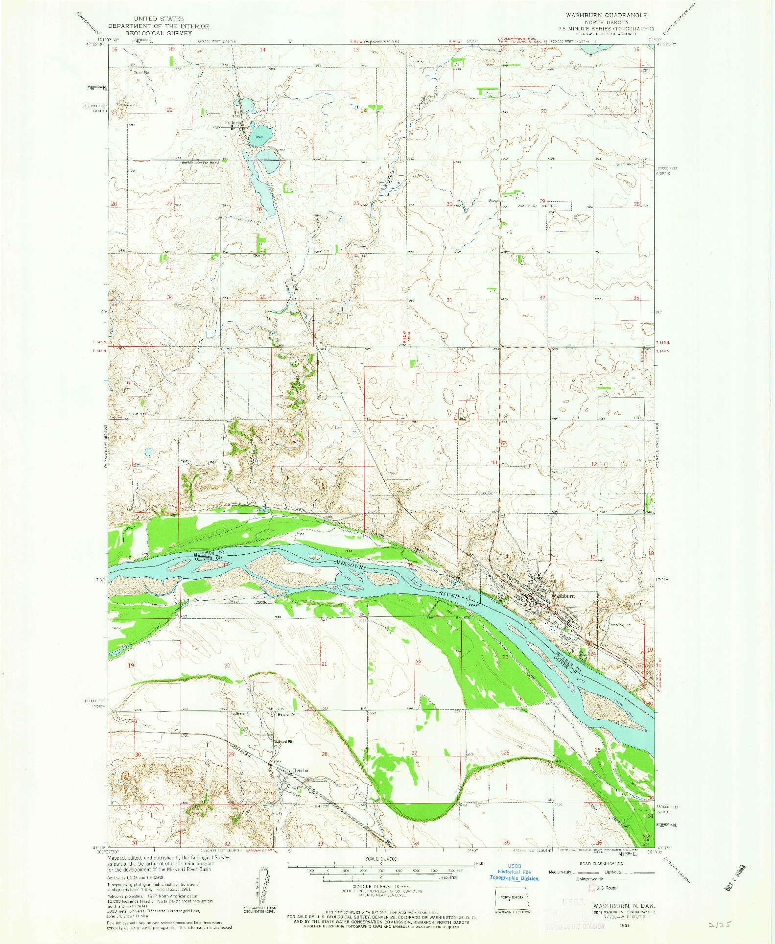 USGS 1:24000-SCALE QUADRANGLE FOR WASHBURN, ND 1961