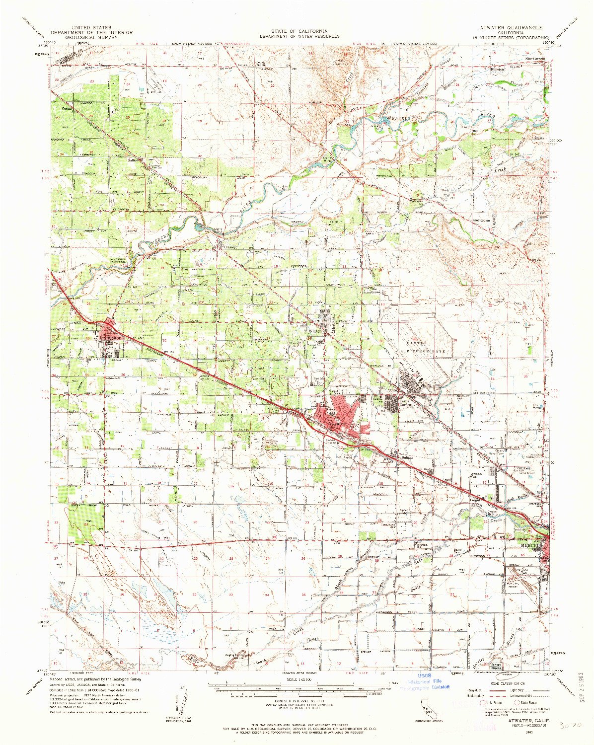 USGS 1:62500-SCALE QUADRANGLE FOR ATWATER, CA 1961