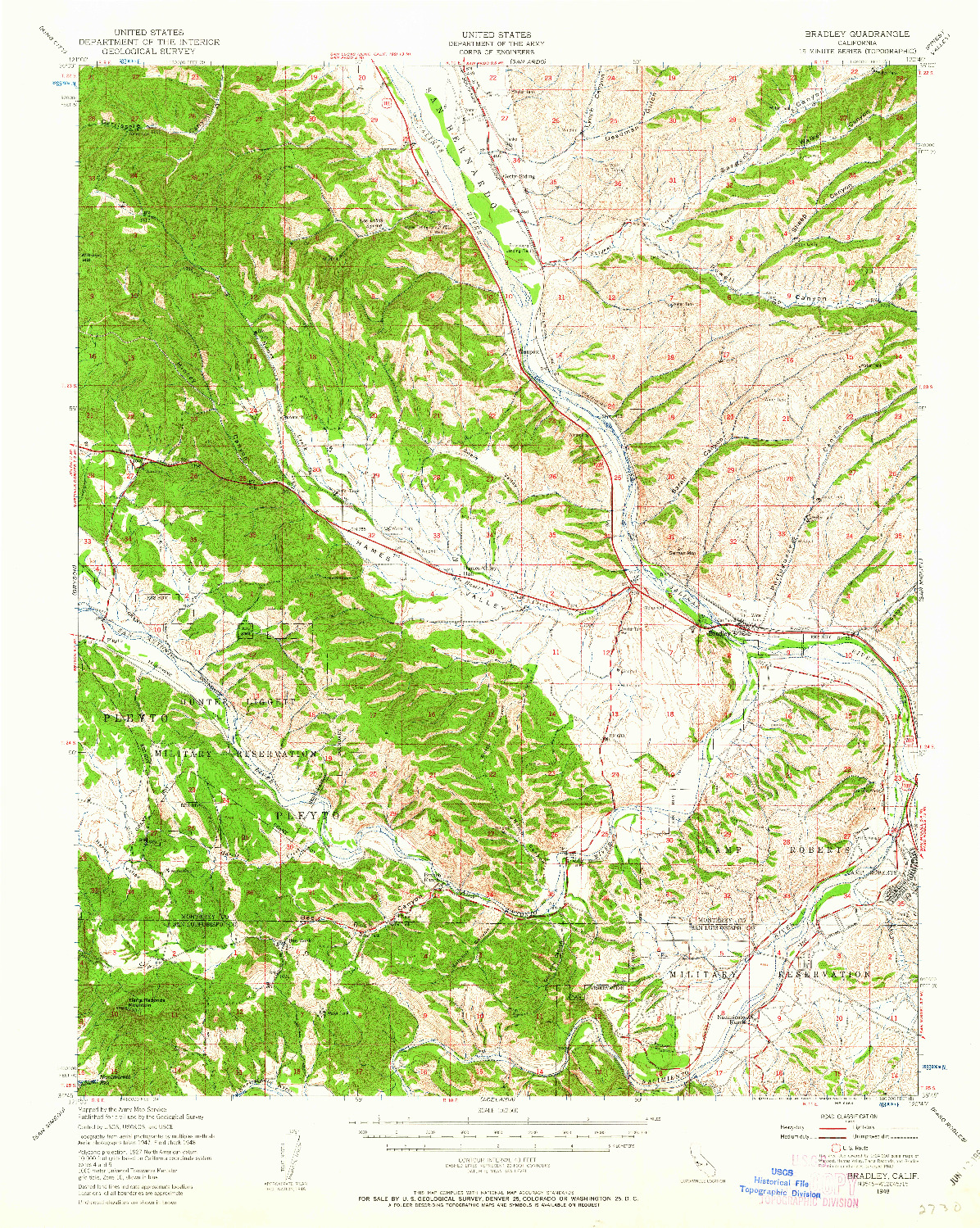 USGS 1:62500-SCALE QUADRANGLE FOR BRADLEY, CA 1948