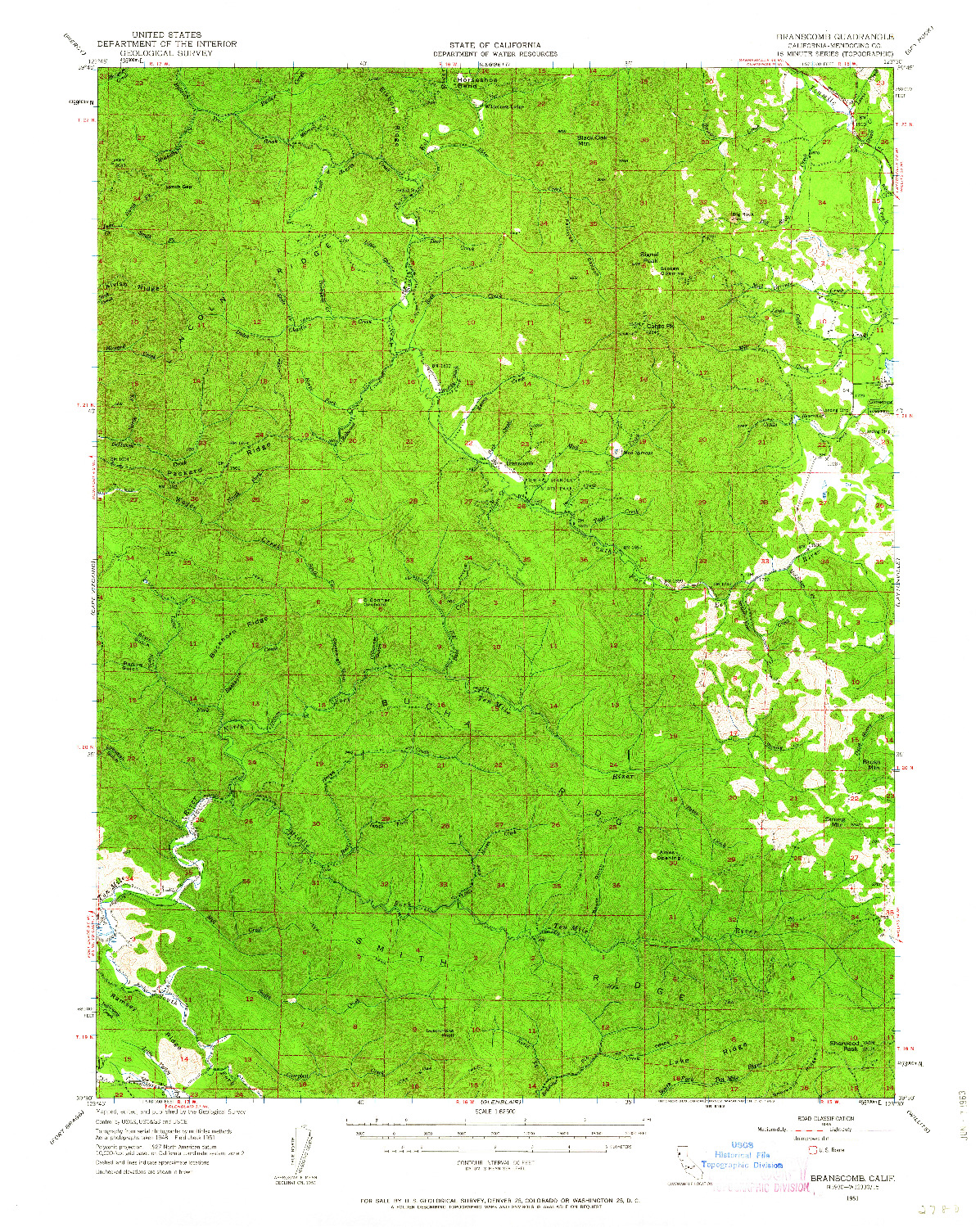 USGS 1:62500-SCALE QUADRANGLE FOR BRANSCOMB, CA 1951