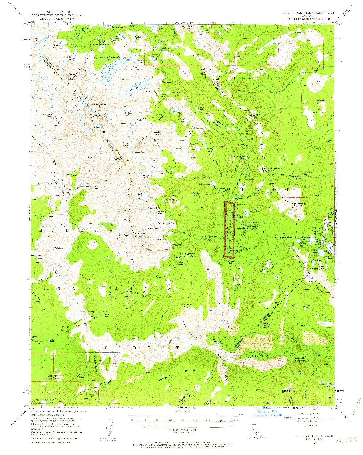 USGS 1:62500-SCALE QUADRANGLE FOR DEVILS POSTPILE, CA 1953