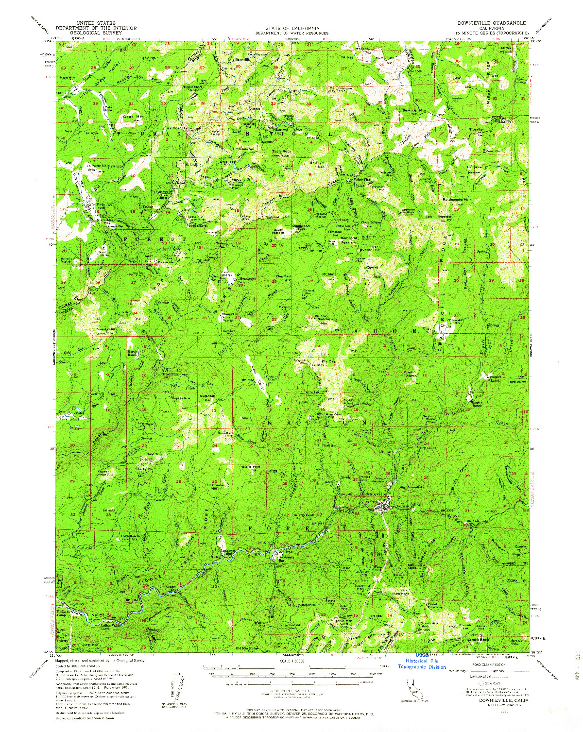 USGS 1:62500-SCALE QUADRANGLE FOR DOWNIEVILLE, CA 1951