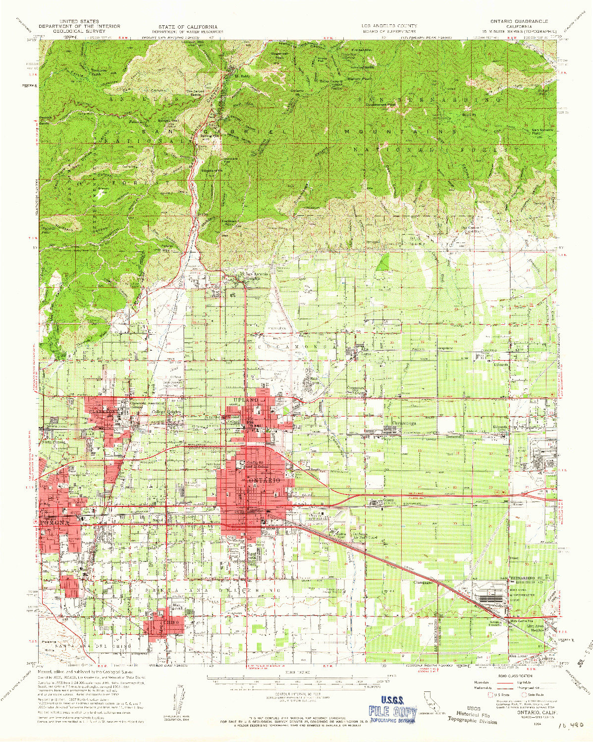 USGS 1:62500-SCALE QUADRANGLE FOR ONTARIO, CA 1954