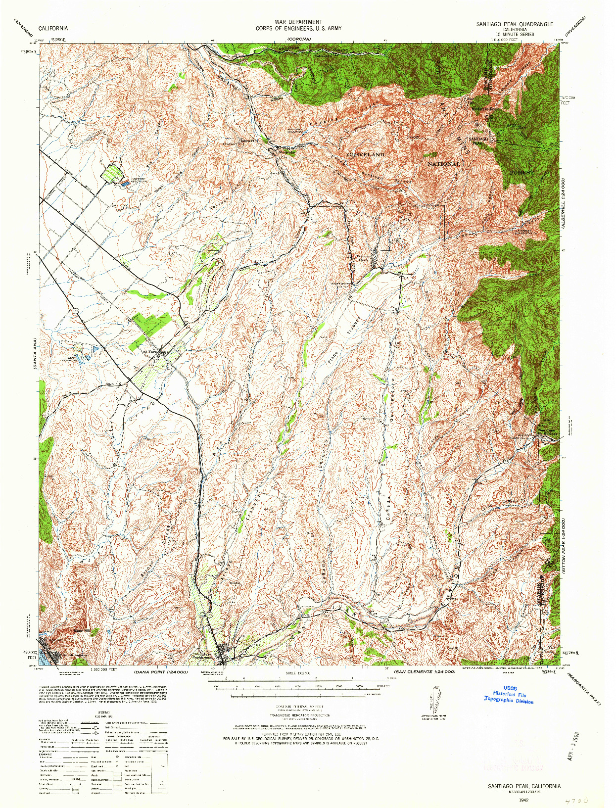 USGS 1:62500-SCALE QUADRANGLE FOR SANTIAGO PEAK, CA 1942