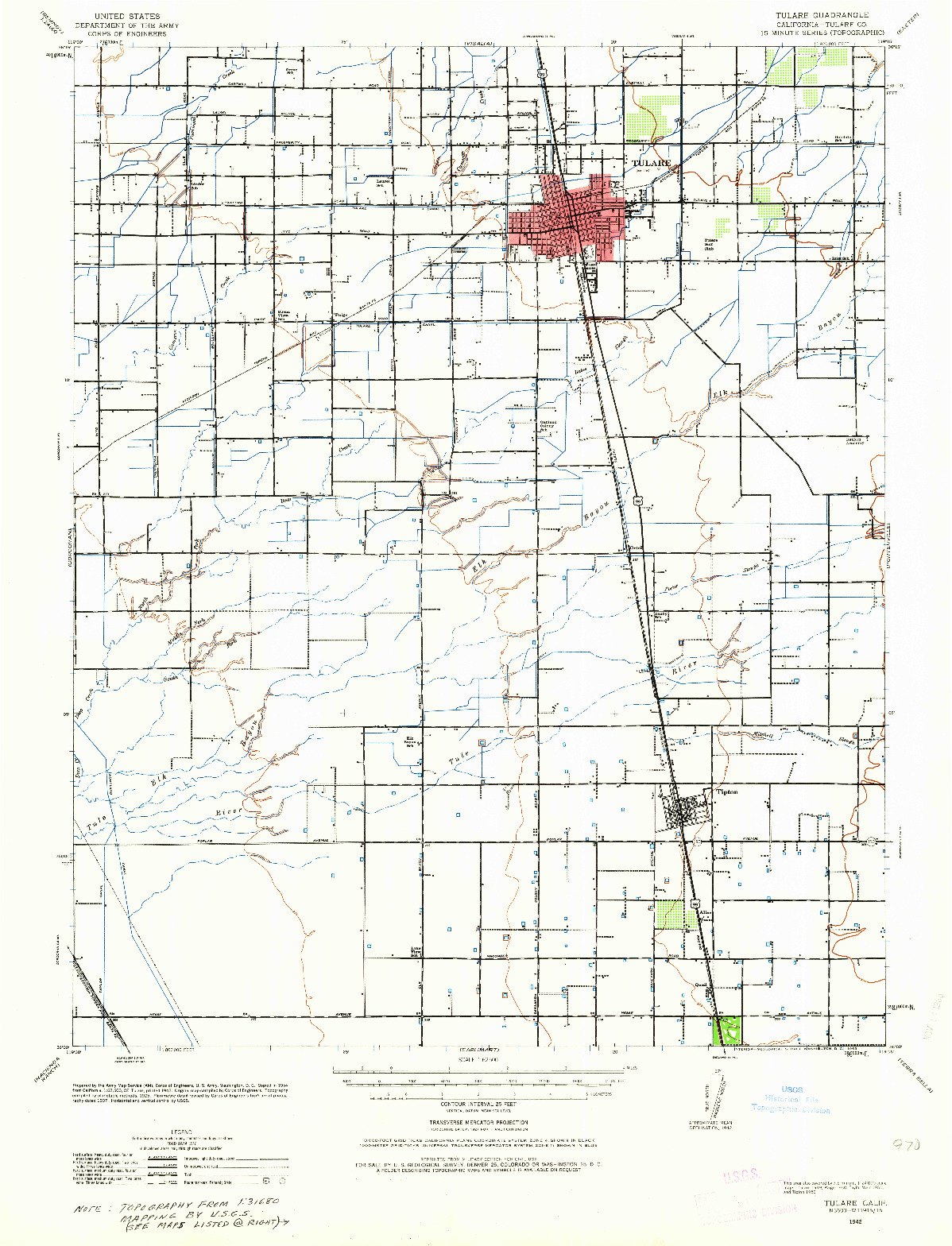USGS 1:62500-SCALE QUADRANGLE FOR TULARE, CA 1942