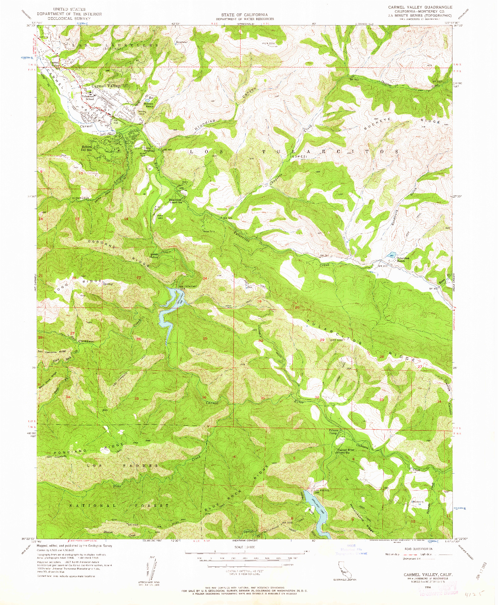 USGS 1:24000-SCALE QUADRANGLE FOR CARMEL VALLEY, CA 1956