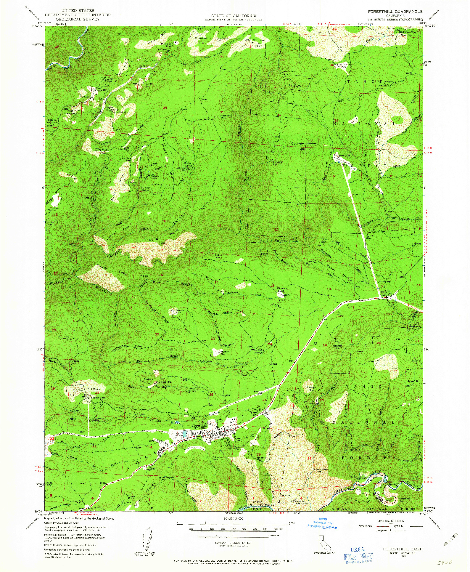 USGS 1:24000-SCALE QUADRANGLE FOR FORESTHILL, CA 1949