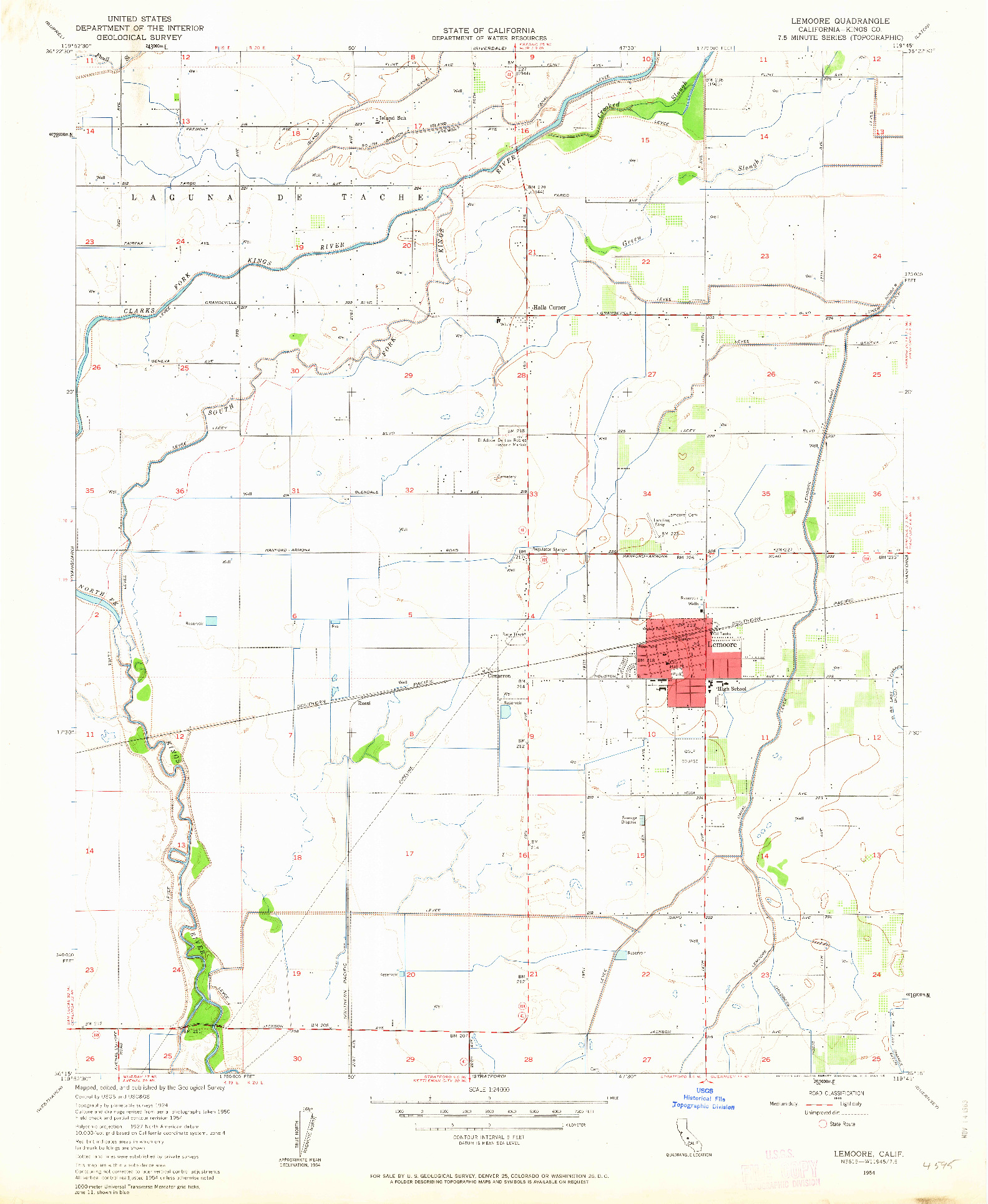 USGS 1:24000-SCALE QUADRANGLE FOR LEMOORE, CA 1954