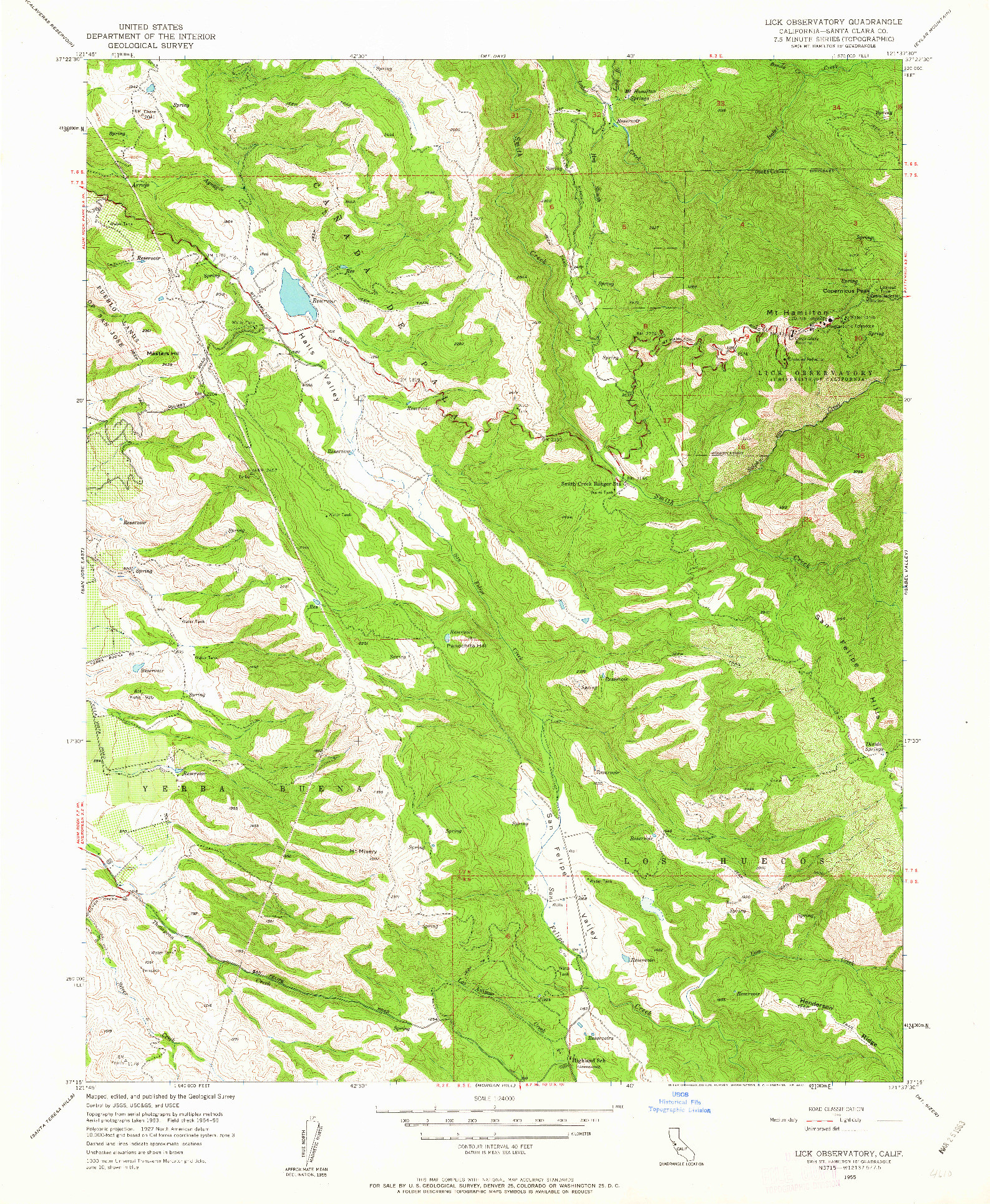 USGS 1:24000-SCALE QUADRANGLE FOR LICK OBSERVATORY, CA 1955