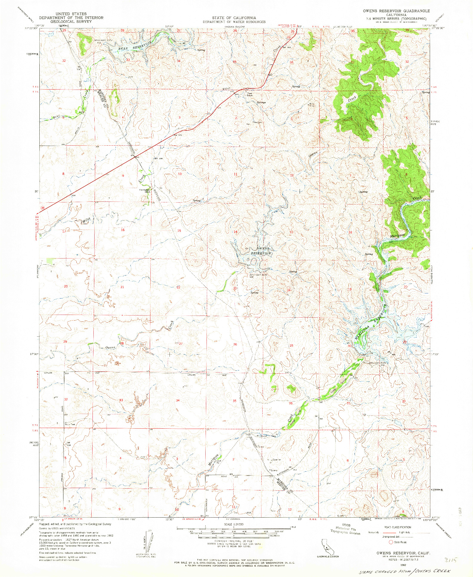 USGS 1:24000-SCALE QUADRANGLE FOR OWENS RESERVOIR, CA 1962