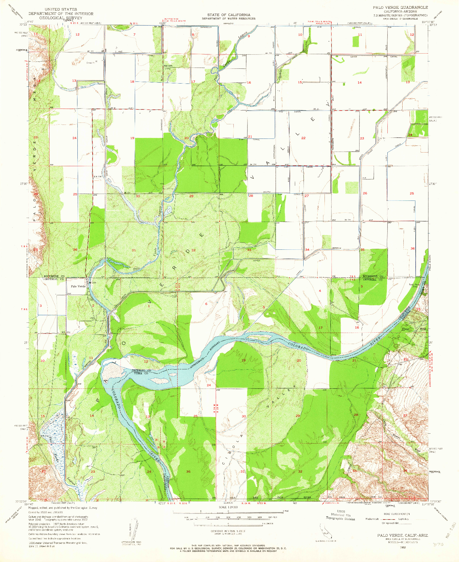 USGS 1:24000-SCALE QUADRANGLE FOR PALO VERDE, CA 1952