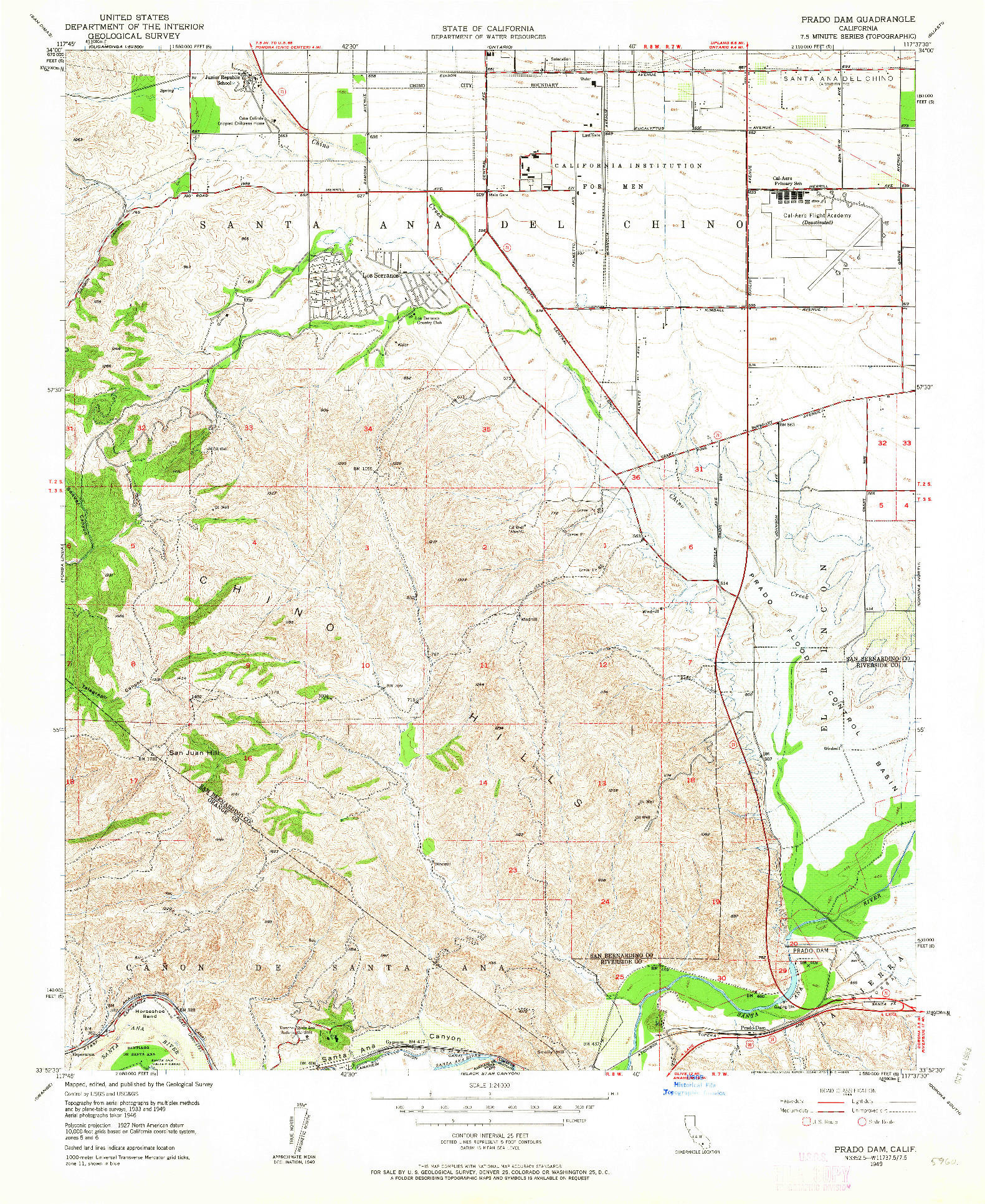 USGS 1:24000-SCALE QUADRANGLE FOR PRADO DAM, CA 1949