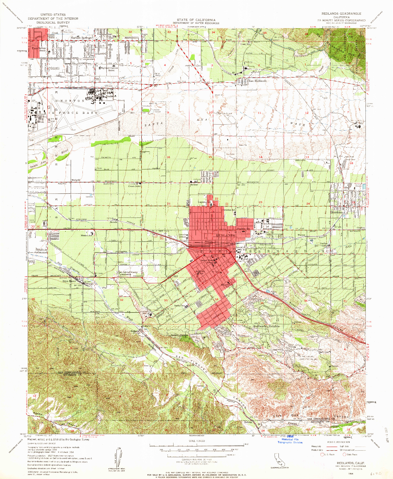 USGS 1:24000-SCALE QUADRANGLE FOR REDLANDS, CA 1954