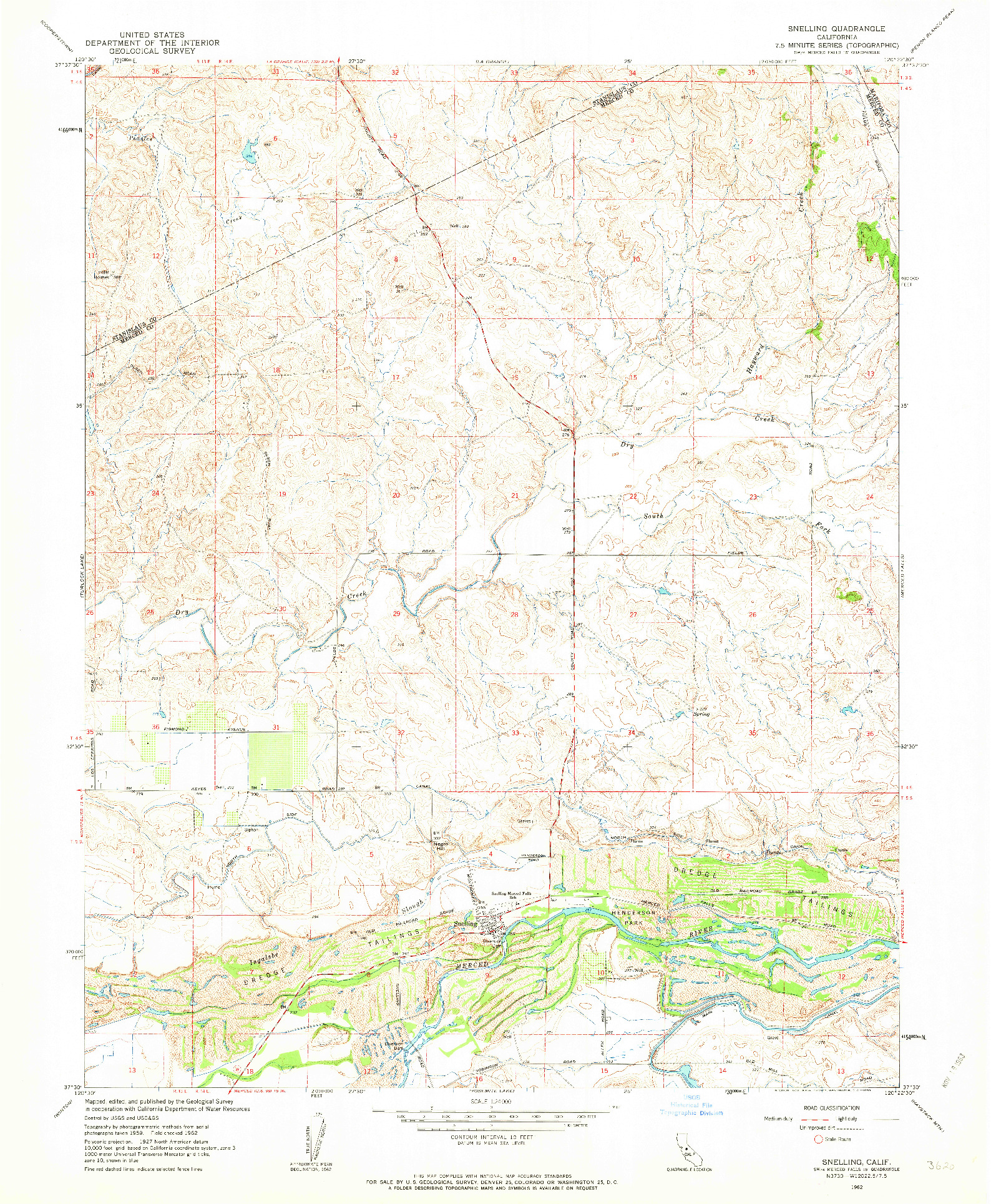 USGS 1:24000-SCALE QUADRANGLE FOR SNELLING, CA 1962