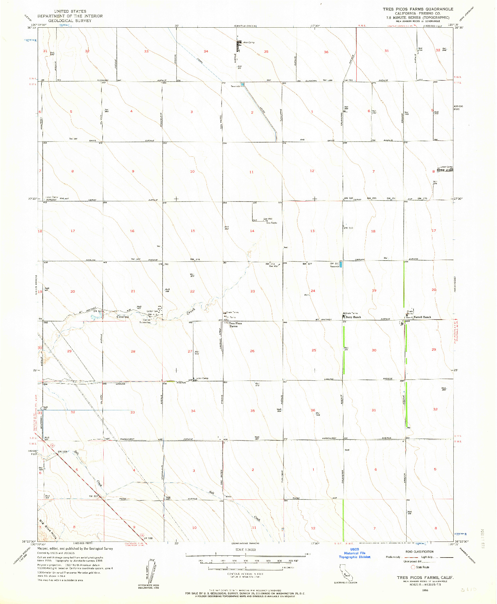 USGS 1:24000-SCALE QUADRANGLE FOR TRES PICOS FARMS, CA 1956