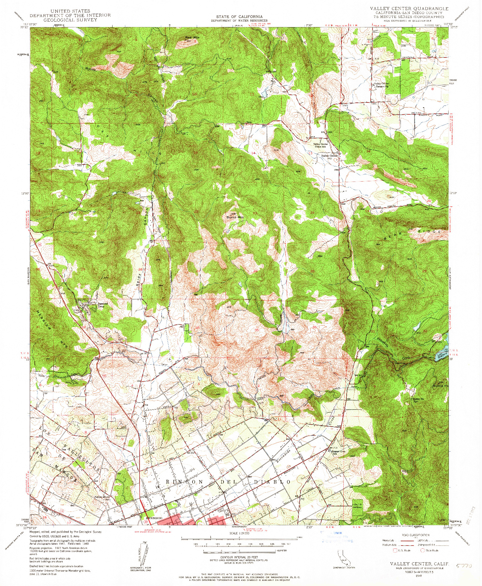 USGS 1:24000-SCALE QUADRANGLE FOR VALLEY CENTER, CA 1948