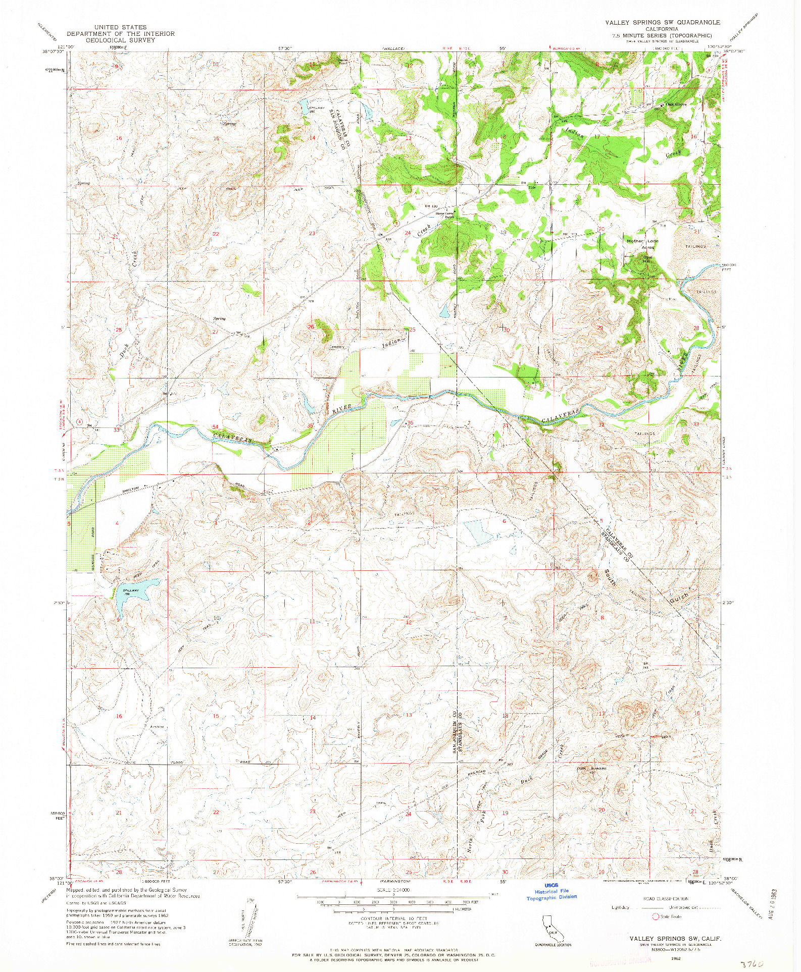 USGS 1:24000-SCALE QUADRANGLE FOR VALLEY SPRINGS SW, CA 1962