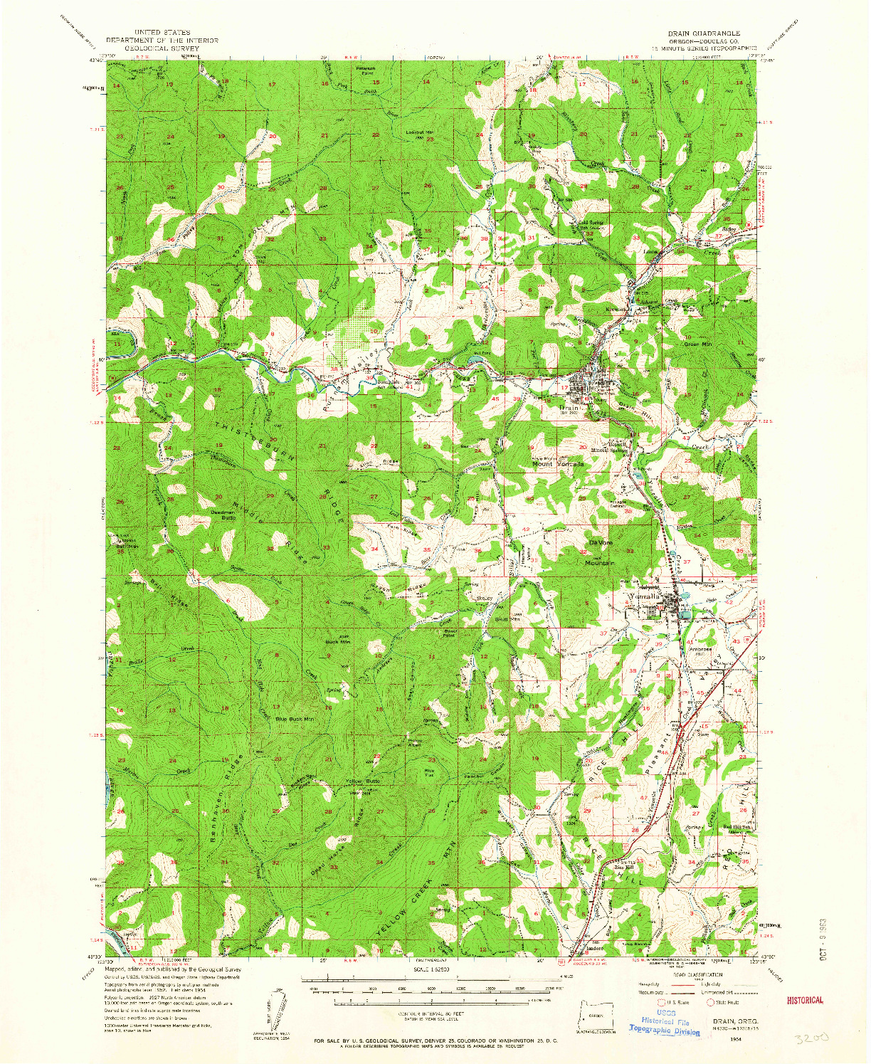 USGS 1:62500-SCALE QUADRANGLE FOR DRAIN, OR 1954