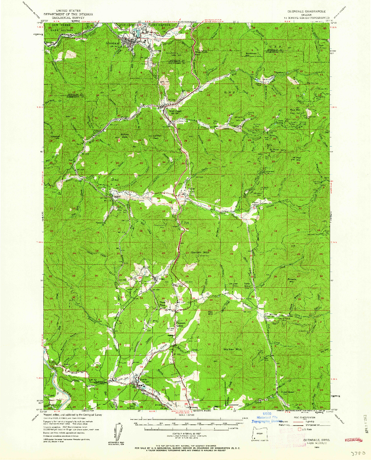 USGS 1:62500-SCALE QUADRANGLE FOR GLENDALE, OR 1954