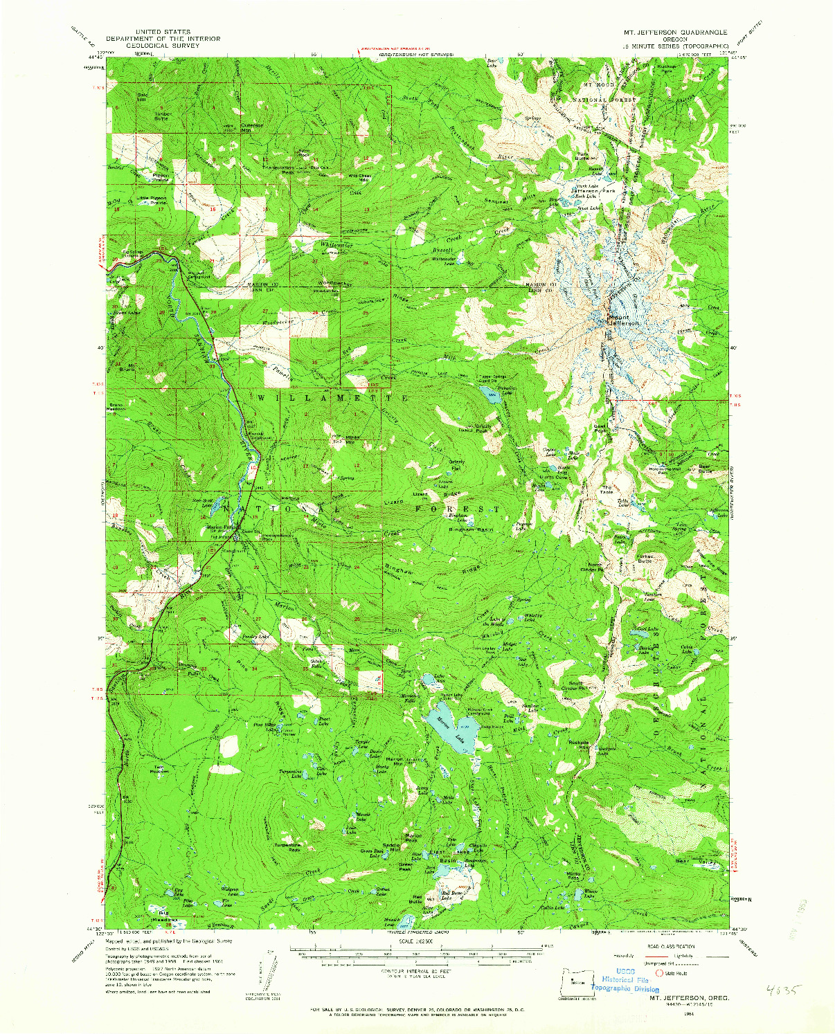 USGS 1:62500-SCALE QUADRANGLE FOR MT. JEFFERSON, OR 1961