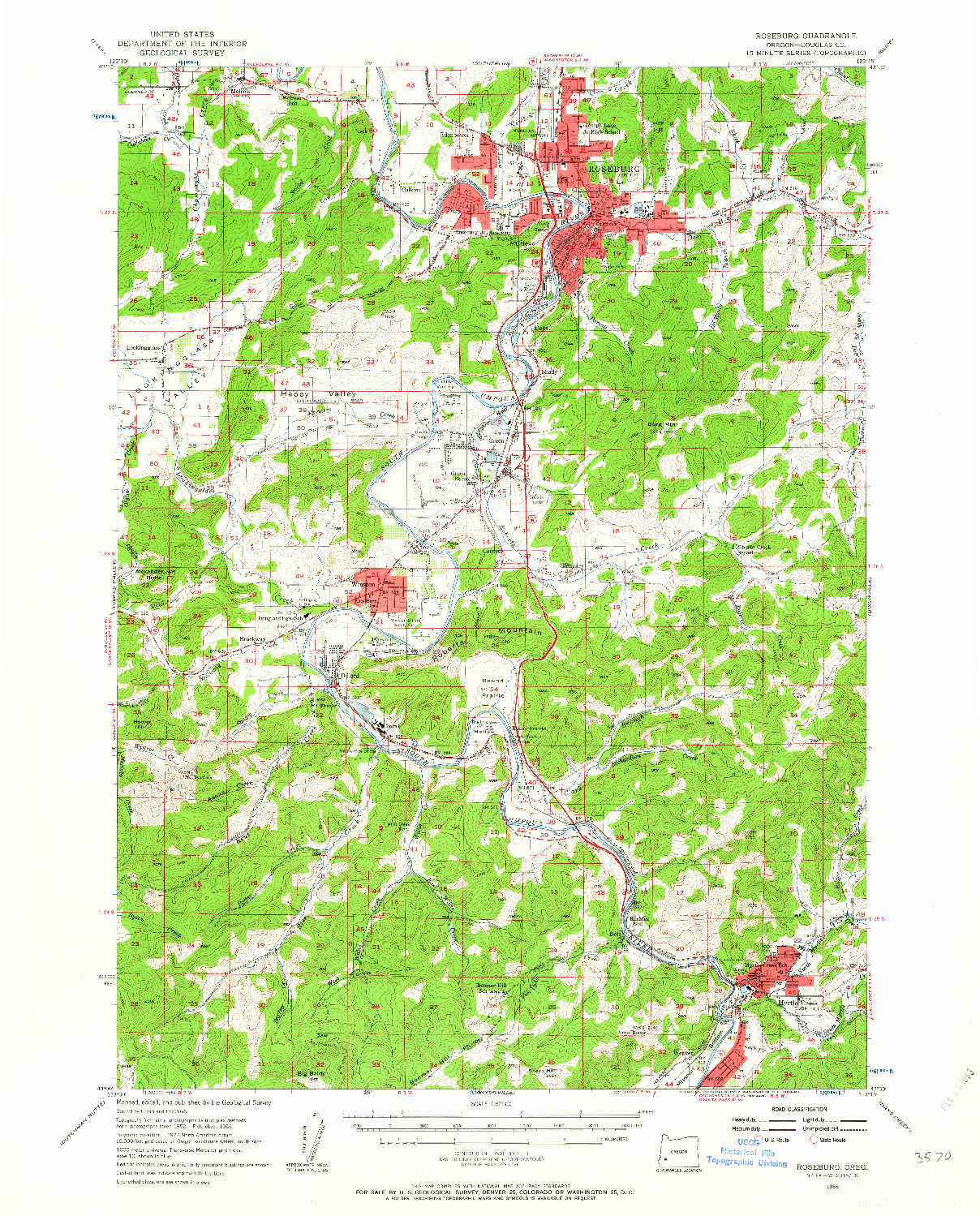 USGS 1:62500-SCALE QUADRANGLE FOR ROSEBURG, OR 1955