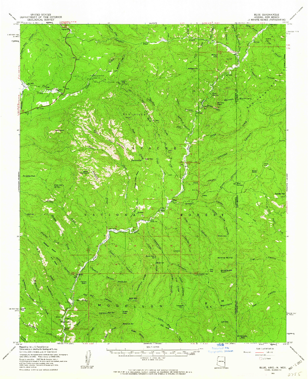 USGS 1:62500-SCALE QUADRANGLE FOR BLUE, AZ 1961