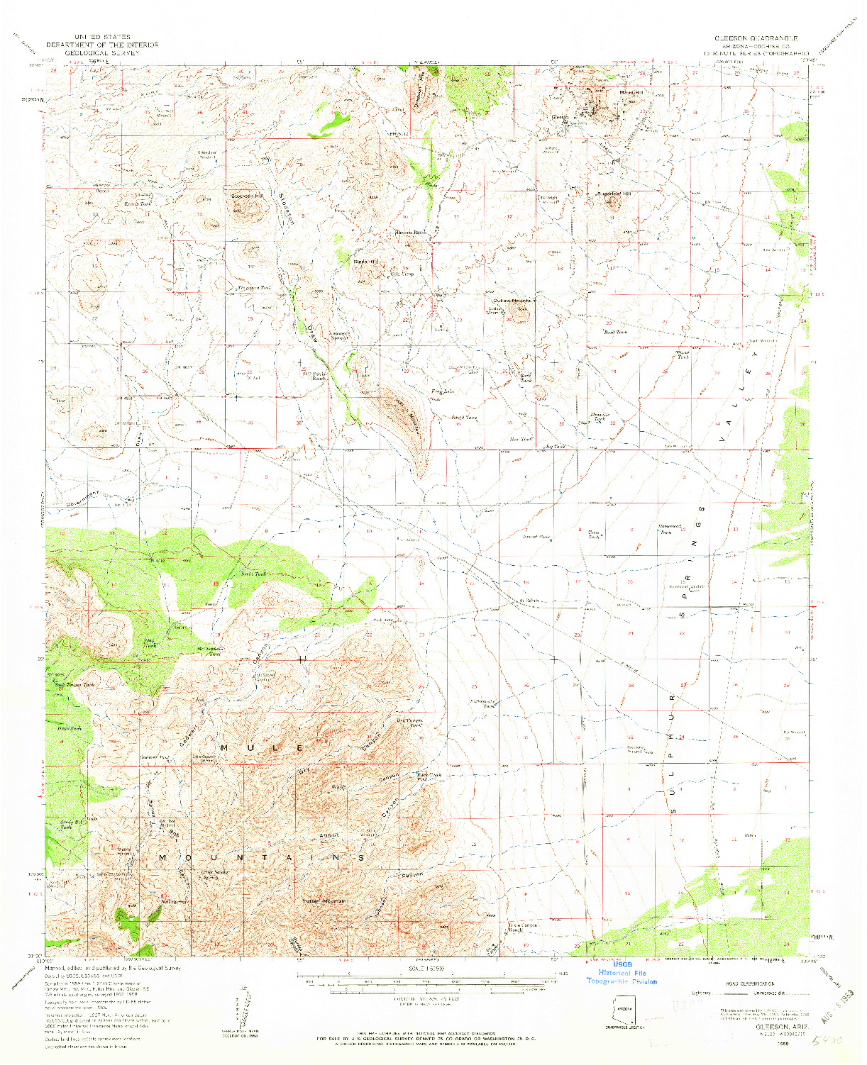 USGS 1:62500-SCALE QUADRANGLE FOR GLEESON, AZ 1958