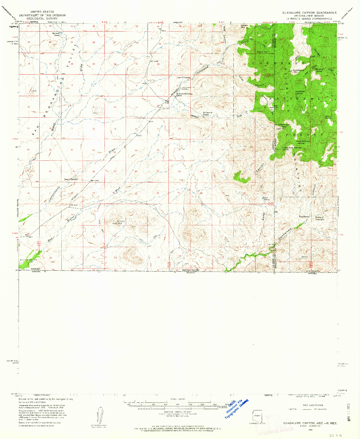 USGS 1:62500-SCALE QUADRANGLE FOR GUADALUPE CANYON, AZ 1958