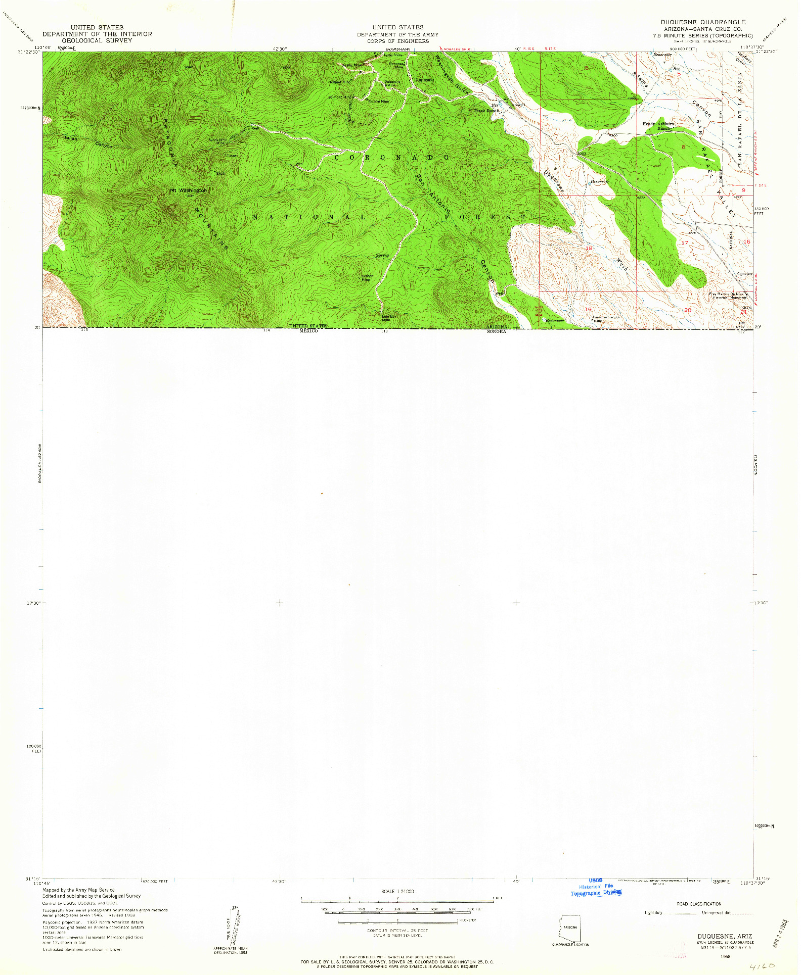 USGS 1:24000-SCALE QUADRANGLE FOR DUQUESNE, AZ 1958