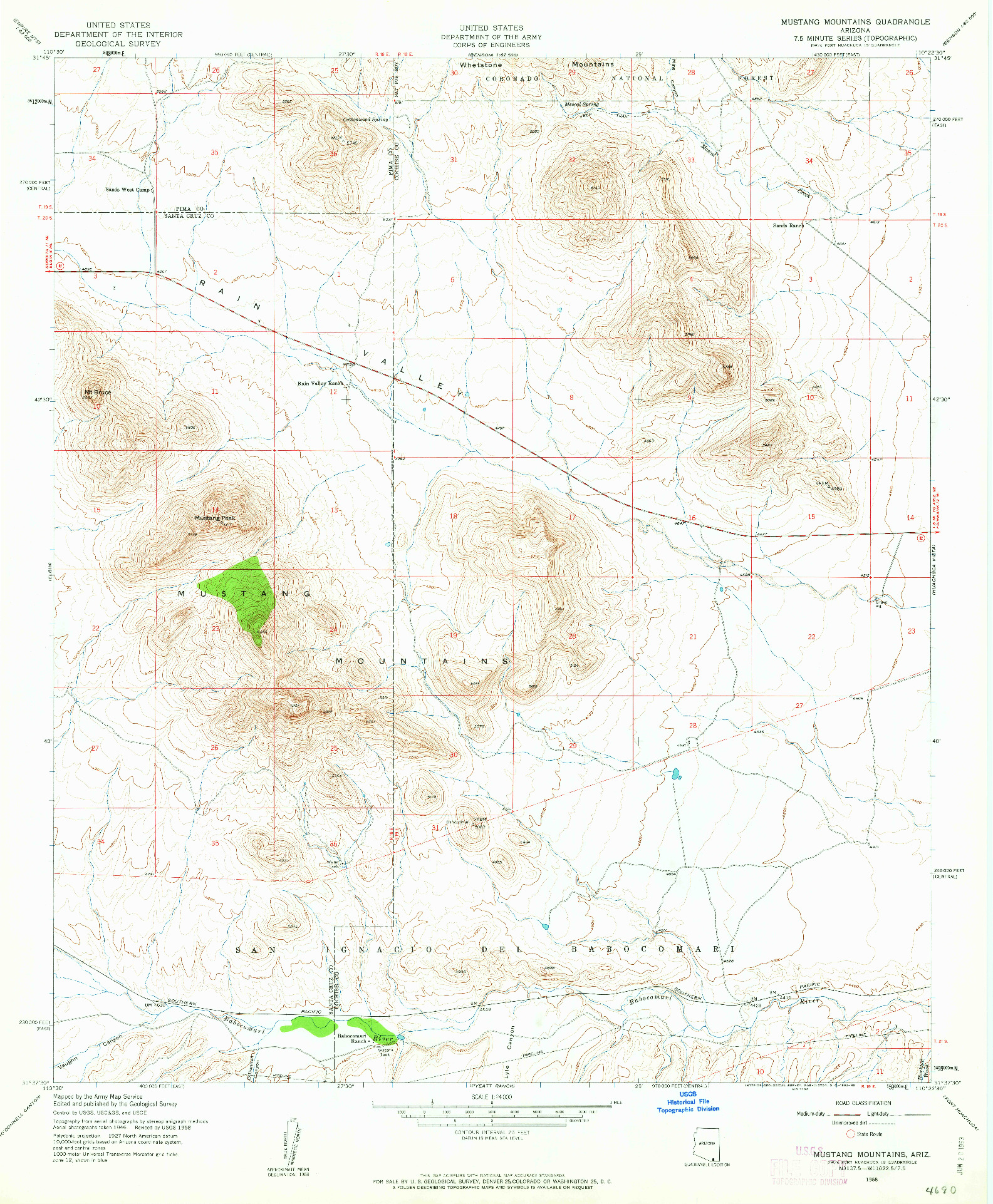 USGS 1:24000-SCALE QUADRANGLE FOR MUSTANG MOUNTAINS, AZ 1958