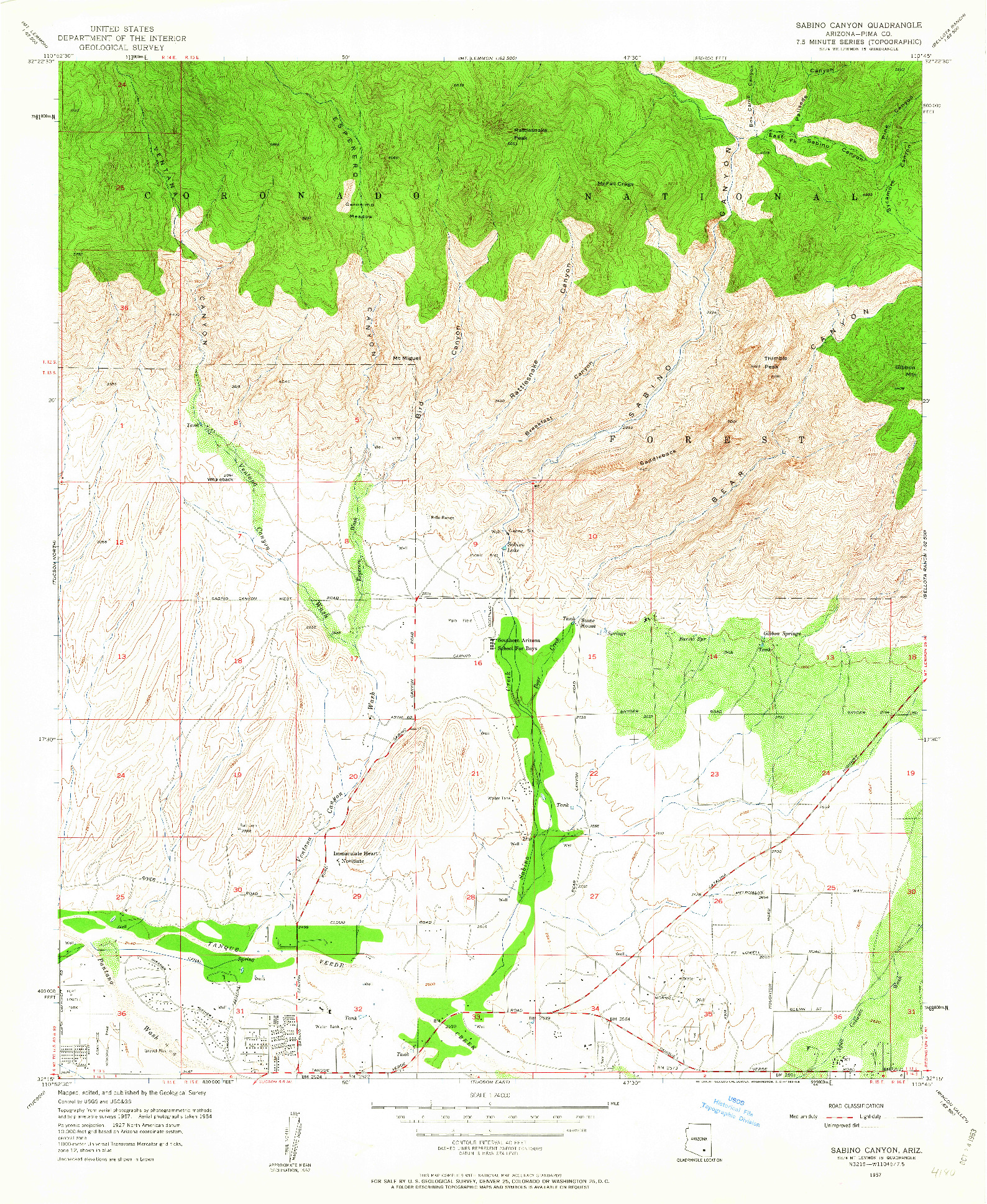 USGS 1:24000-SCALE QUADRANGLE FOR SABINO CANYON, AZ 1957