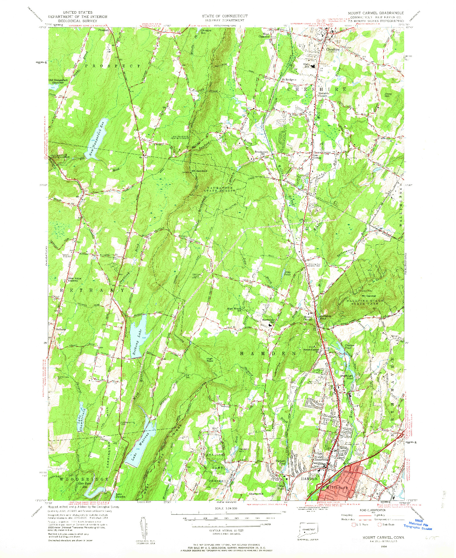 USGS 1:24000-SCALE QUADRANGLE FOR MOUNT CARMEL, CT 1954