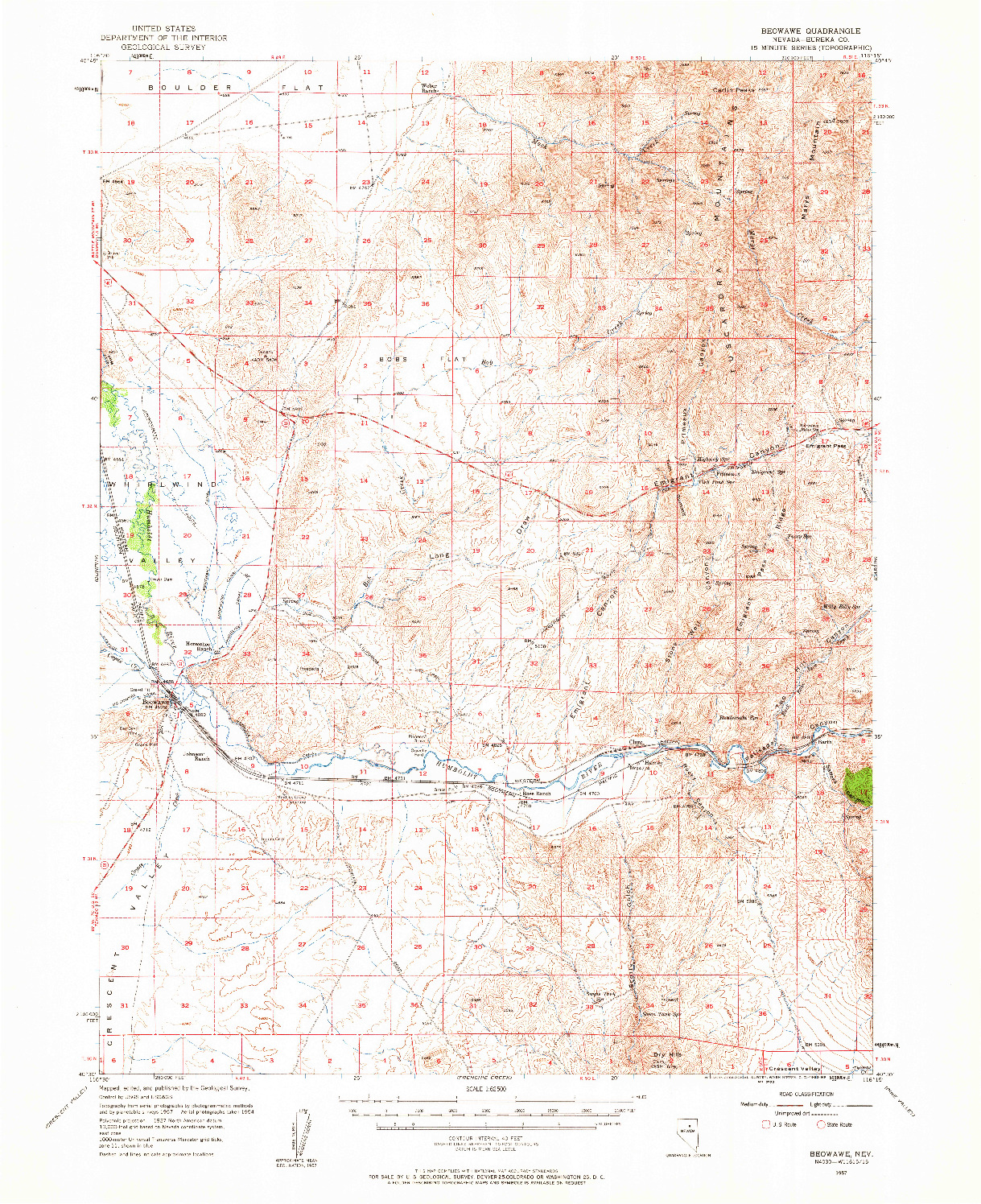 USGS 1:62500-SCALE QUADRANGLE FOR BEOWAWE, NV 1957