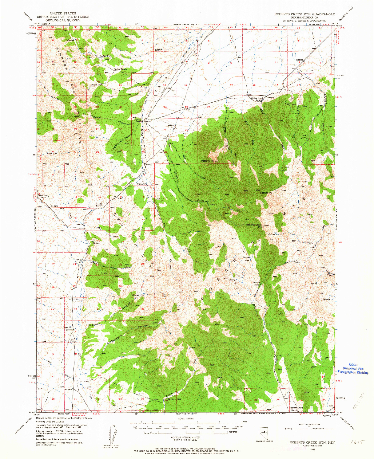 USGS 1:62500-SCALE QUADRANGLE FOR ROBERTS CREEK MTN, NV 1949