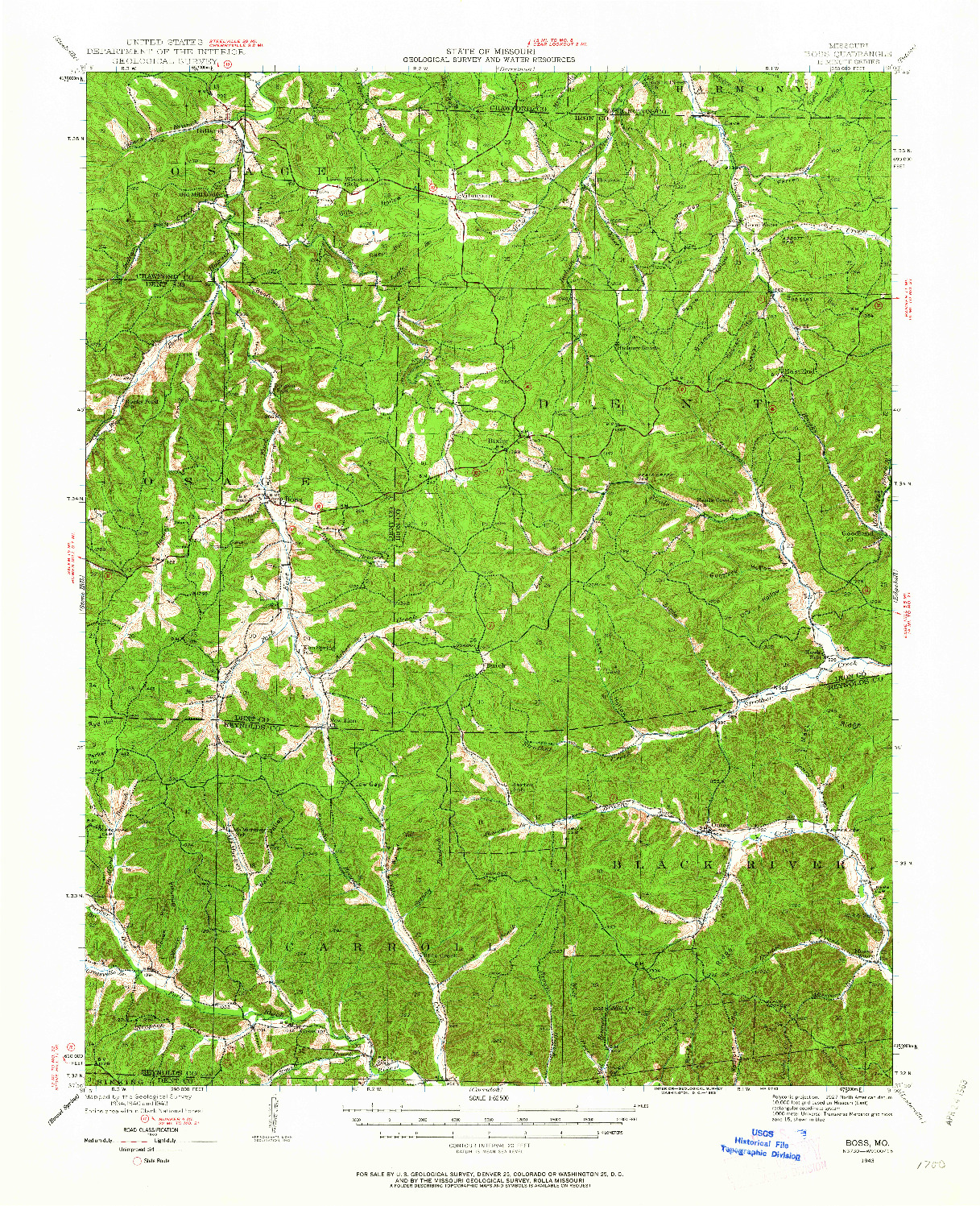 USGS 1:62500-SCALE QUADRANGLE FOR BOSS, MO 1943