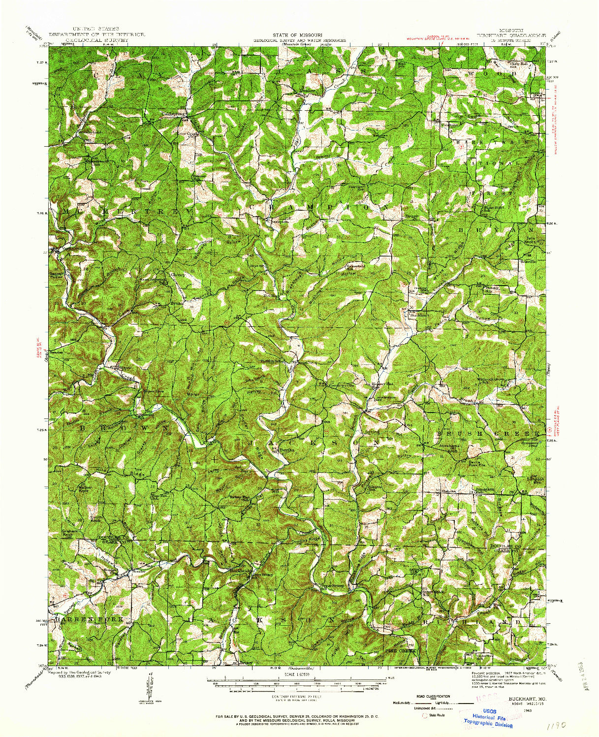 USGS 1:62500-SCALE QUADRANGLE FOR BUCKHART, MO 1943