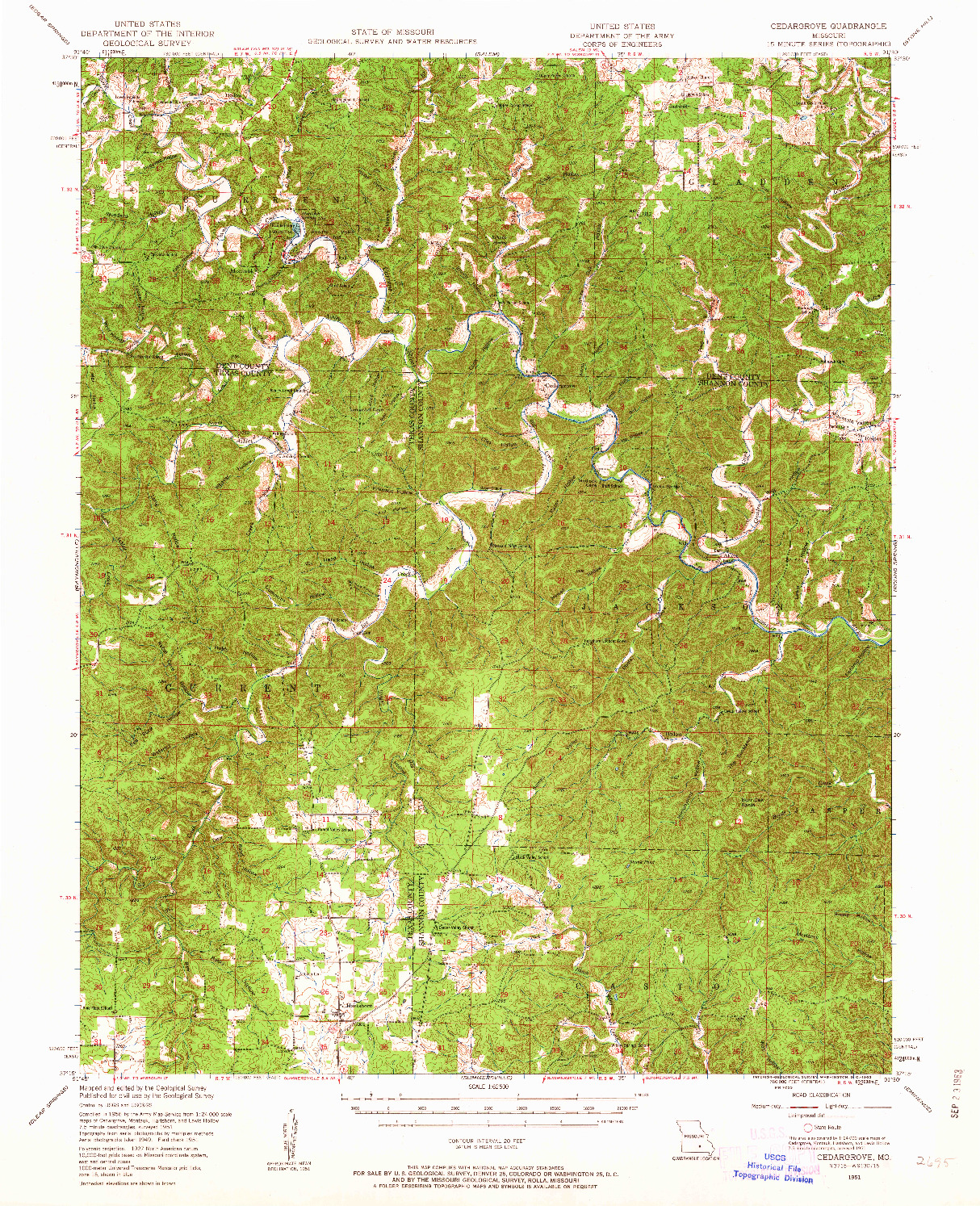 USGS 1:62500-SCALE QUADRANGLE FOR CEDARGROVE, MO 1951