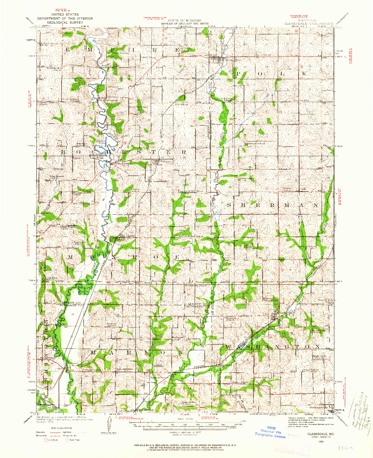 USGS 1:62500-SCALE QUADRANGLE FOR CLARKSDALE, MO 1923