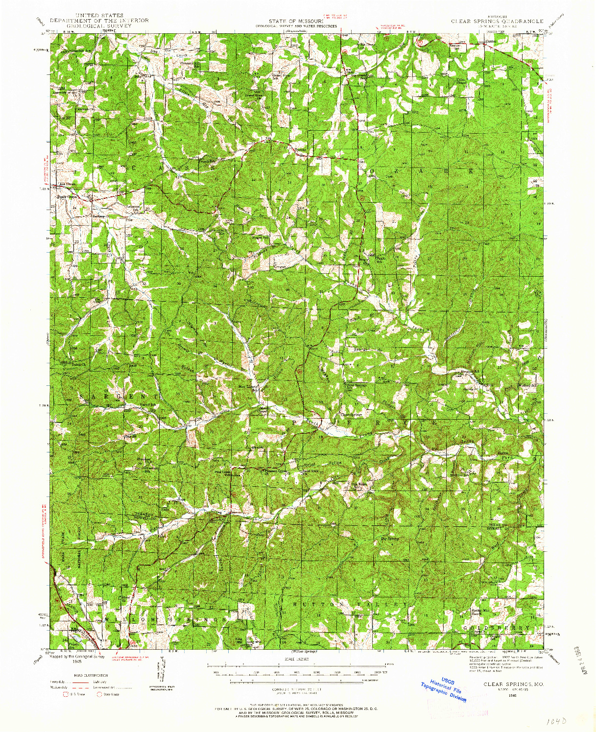 USGS 1:62500-SCALE QUADRANGLE FOR CLEAR SPRINGS, MO 1945